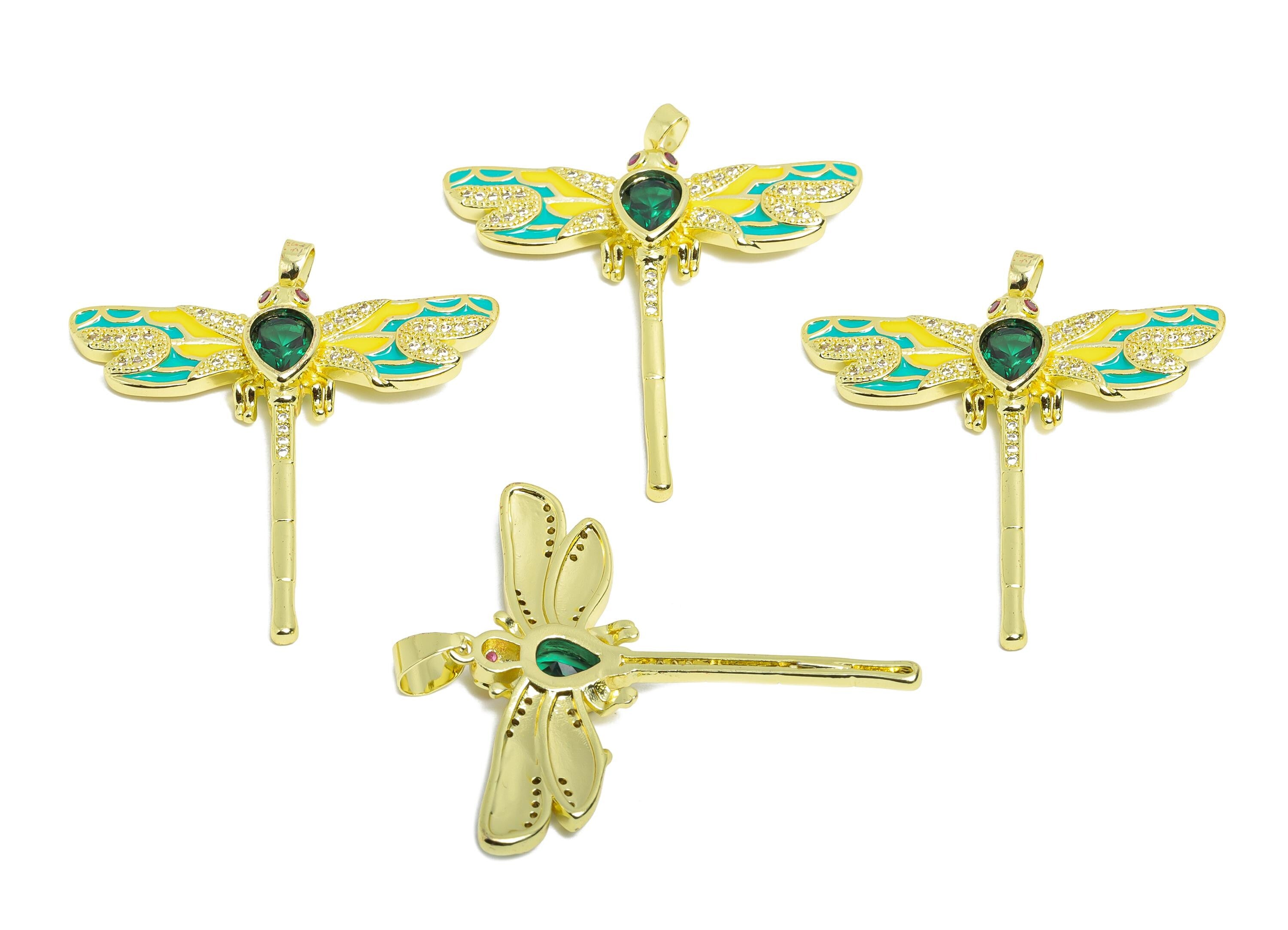 Gold Dragonfly Pendant - Brass Cubic Zircon Drop Jewelry - Artistic Enamel Colorful Jewelry  - 18K Real Gold Plating - 41x39x4mm - RGP9690 - DOMEDBAZAAR