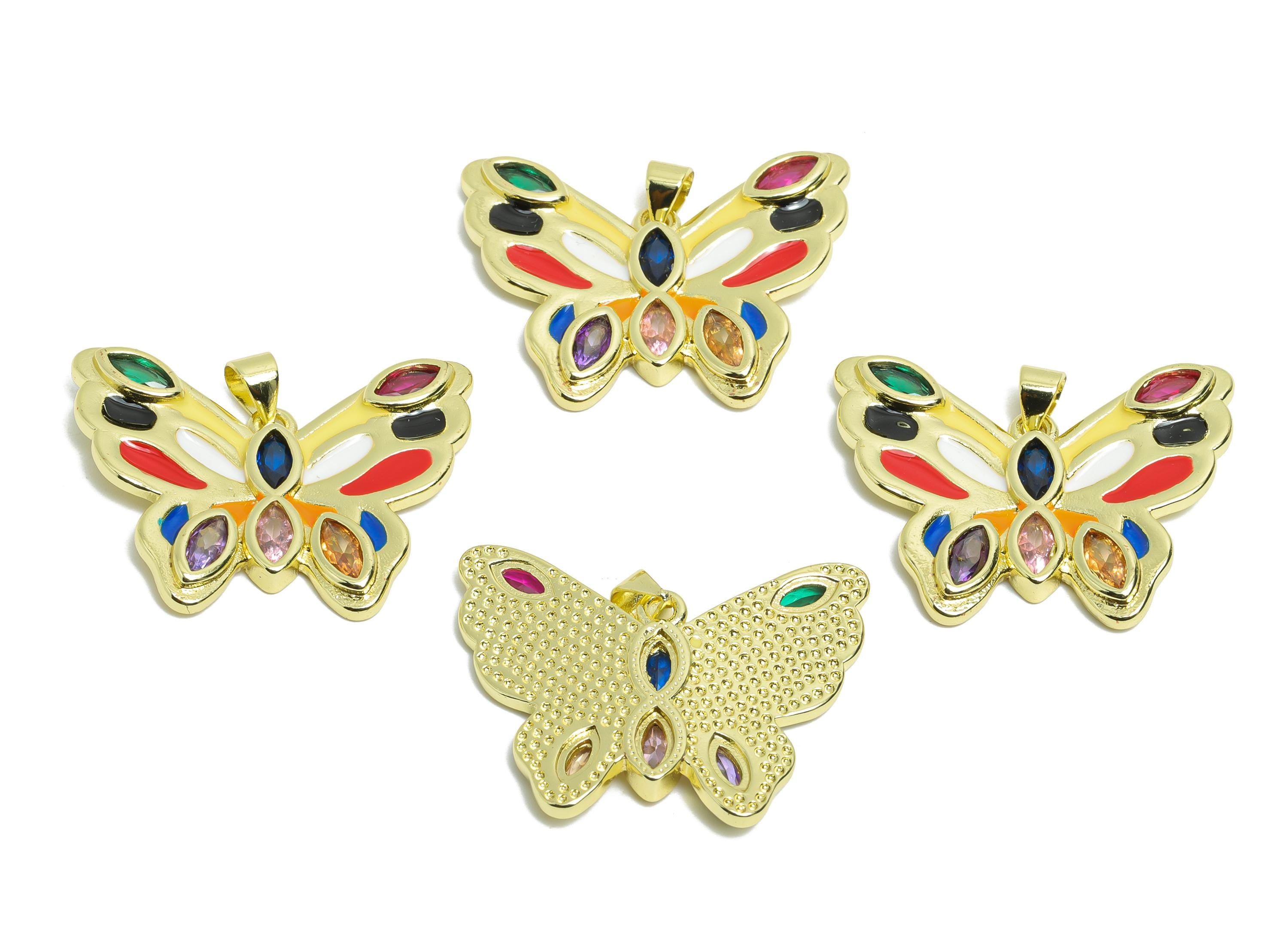 Gold Enamel Butterfly Pendant - Brass Zircon Marquise Jewelry - Artistic Enamel Colorful Jewelry  - 18K Real Gold Plated - 24x32x3mm-RGP9693 - DOMEDBAZAAR