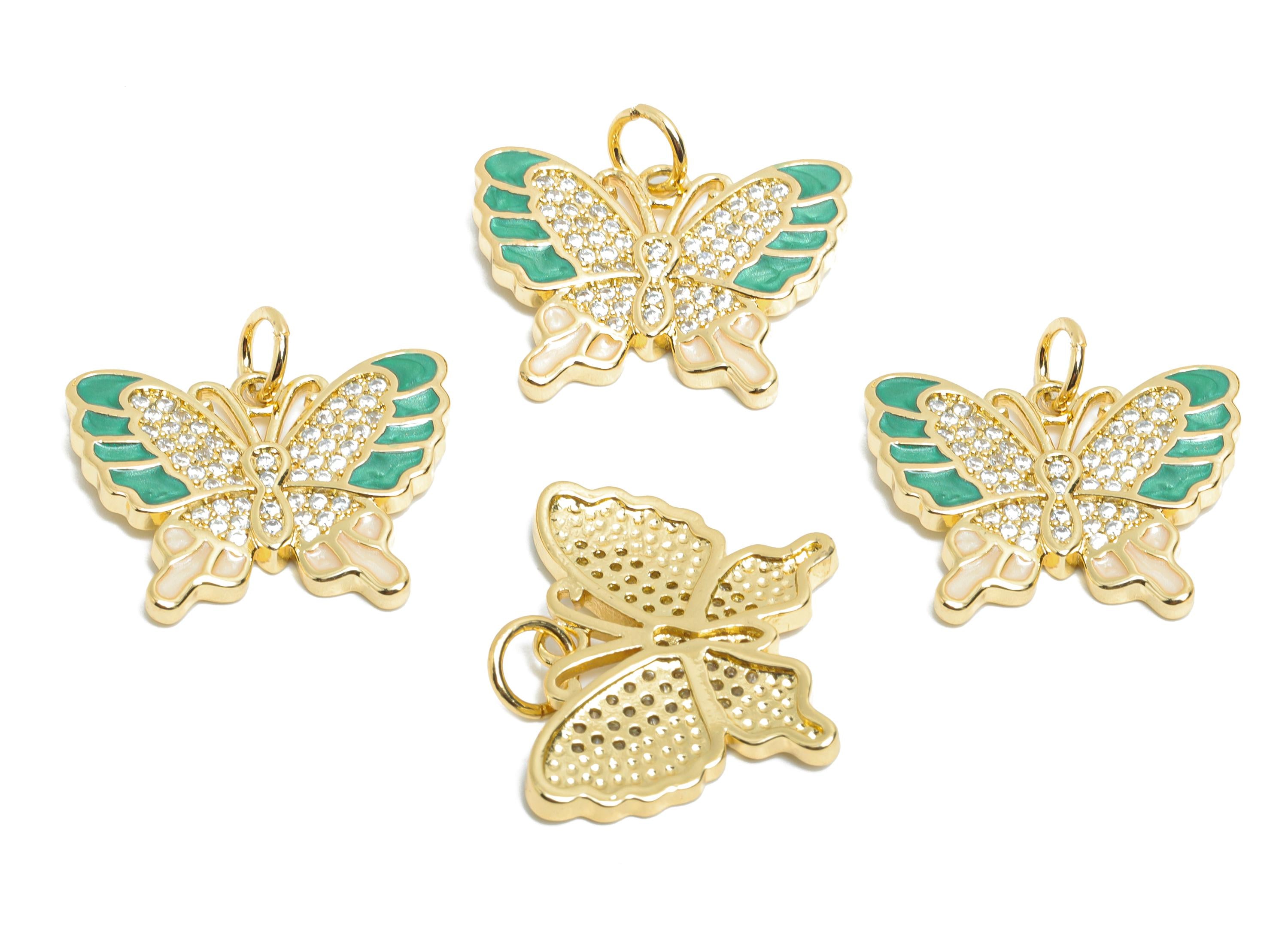 Gold Enamel Butterfly Pendant - Brass Zircon Marquise Jewelry - Handcrafted Butterfly Jewelry - 18K Real Gold Plated - 18x23x2mm - RGP9696 - DOMEDBAZAAR