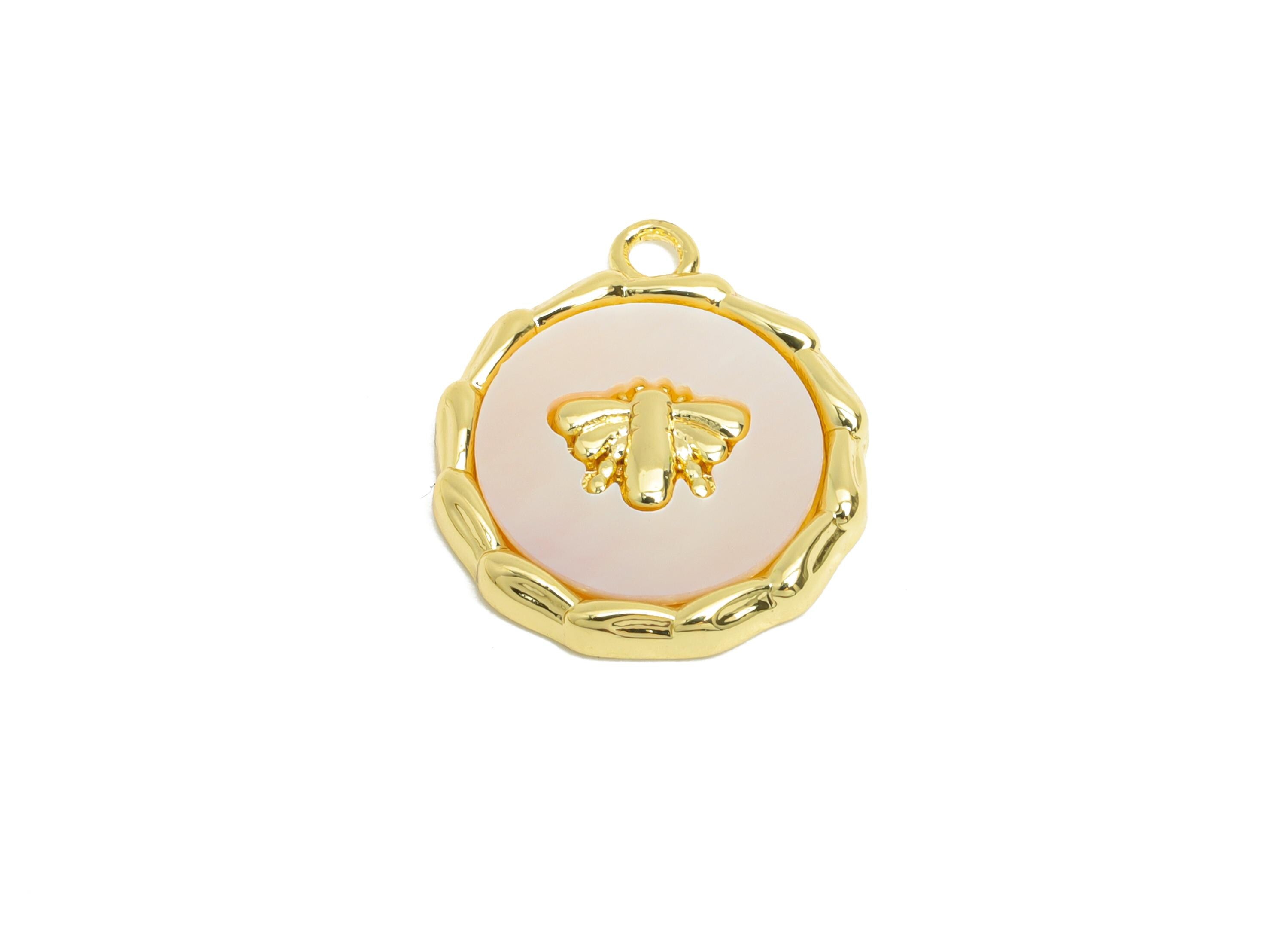 Brass Bee Seashell Charm - Gold Textured Round Bee Earring Charm - Danity Seashell Pendant - 18K Gold Plated - 17.47x14.84x2.29mm - RGP9626 - DOMEDBAZAAR