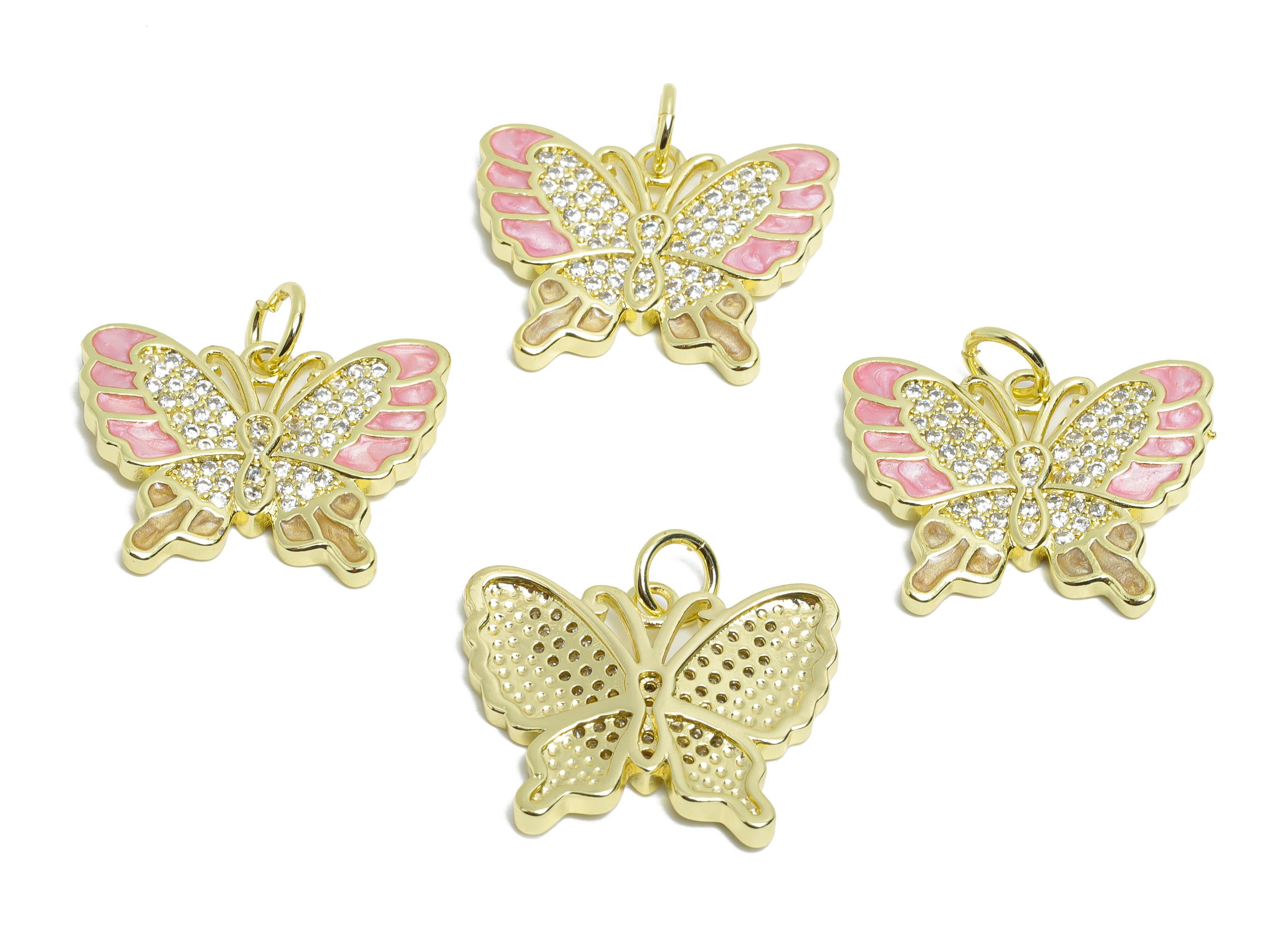 Gold Enamel Butterfly Pendant - Brass Zircon Marquise Jewelry - Handcrafted Butterfly Jewelry - 18K Real Gold Plated - 18x23x2mm - RGP9695 - DOMEDBAZAAR