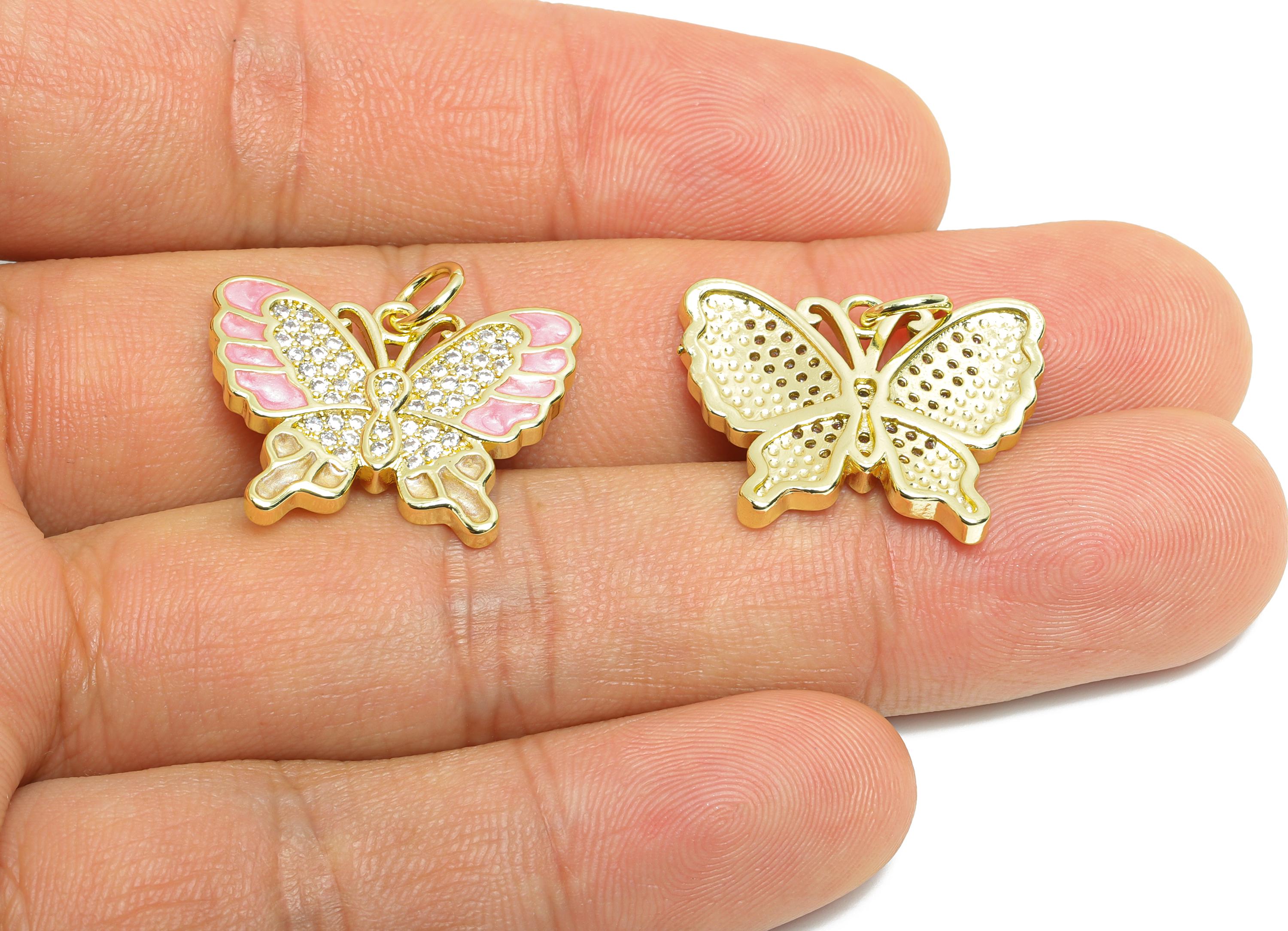 Gold Enamel Butterfly Pendant - Brass Zircon Marquise Jewelry - Handcrafted Butterfly Jewelry - 18K Real Gold Plated - 18x23x2mm - RGP9695 - DOMEDBAZAAR