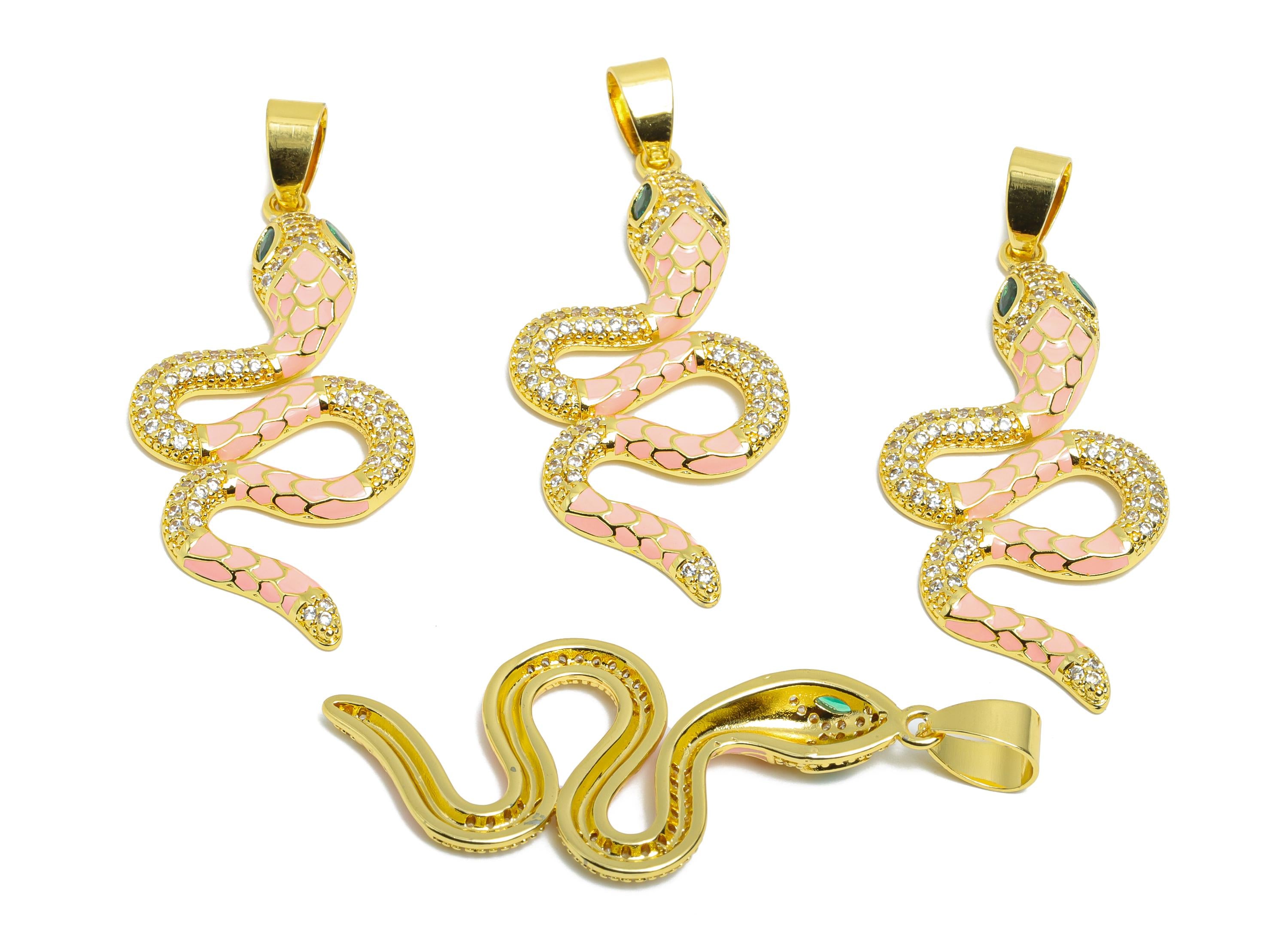 Pink Enamel Snake Pendant - Brass Zircon Protection Jewelry - Handcrafted Snake Jewelry - 18K Real Gold Plated - 43x20x3mm - RGP9706 - DOMEDBAZAAR