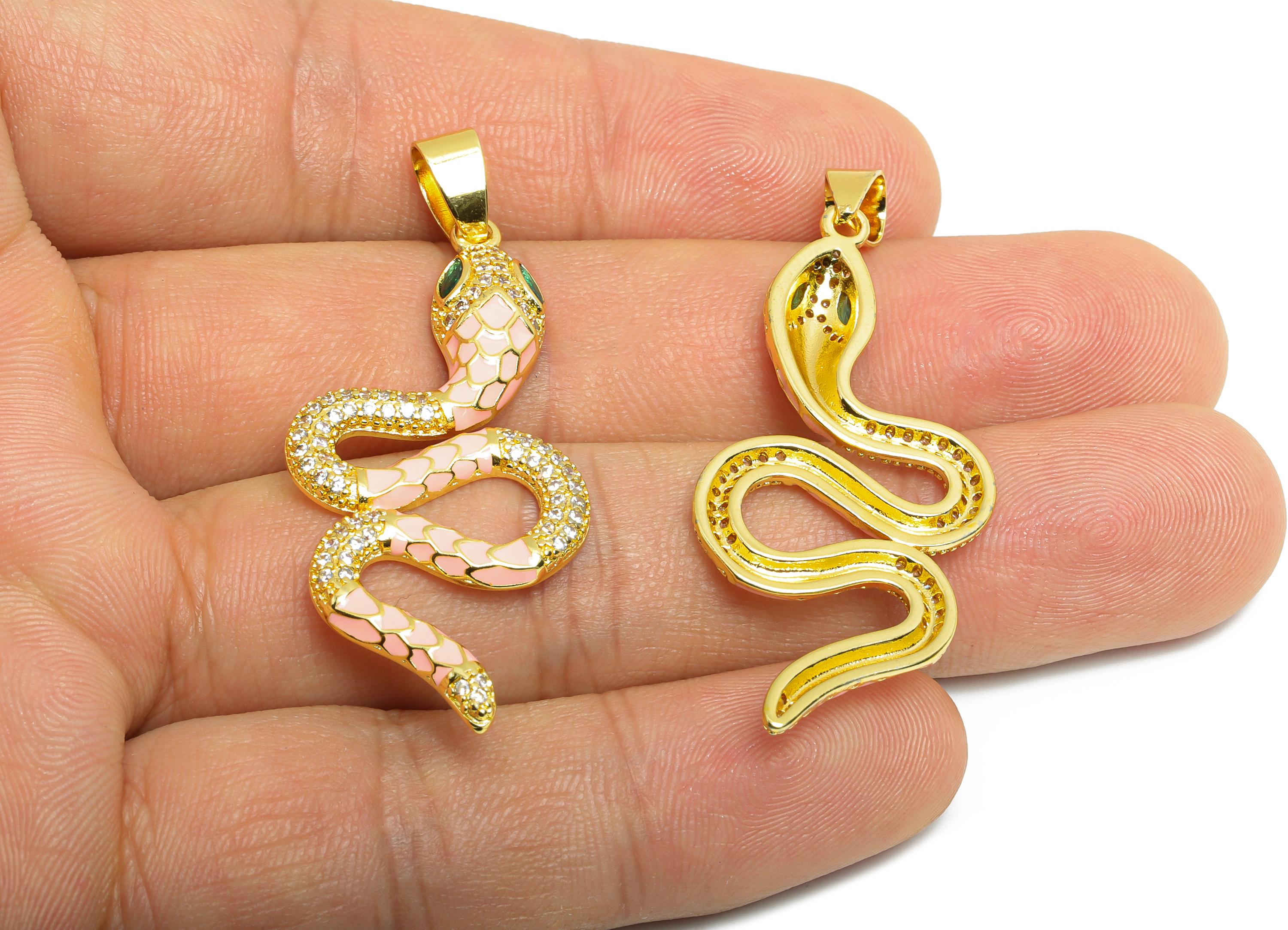 Pink Enamel Snake Pendant - Brass Zircon Protection Jewelry - Handcrafted Snake Jewelry - 18K Real Gold Plated - 43x20x3mm - RGP9706 - DOMEDBAZAAR