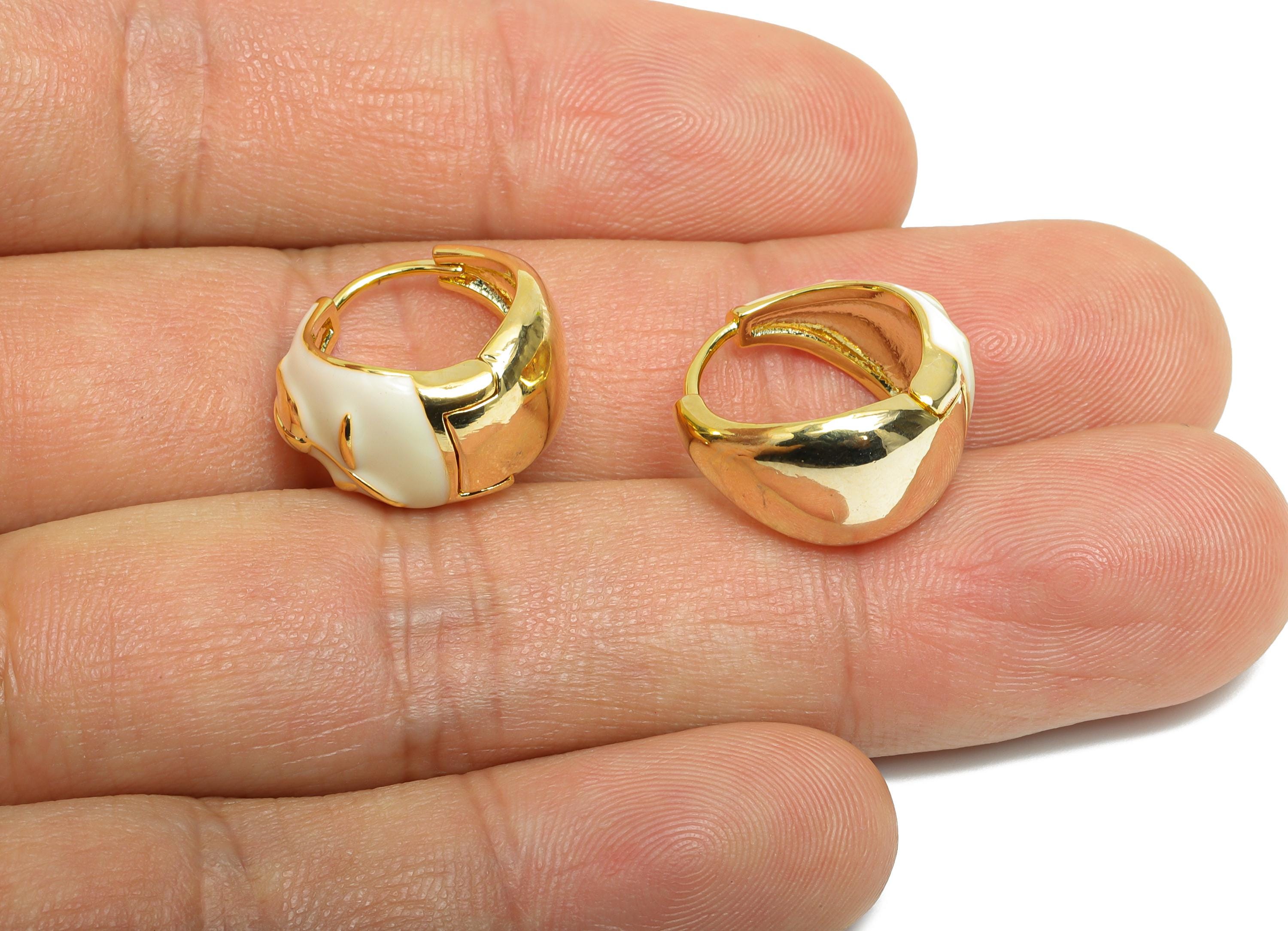 Brass Round Hoop Earring - Flower Enamel Huggie Earring for Girl&#39;s - Refined Gold Thick Earring - 18K Gold Plated - 16.61x9.14x3mm -RGP9607A - DOMEDBAZAAR