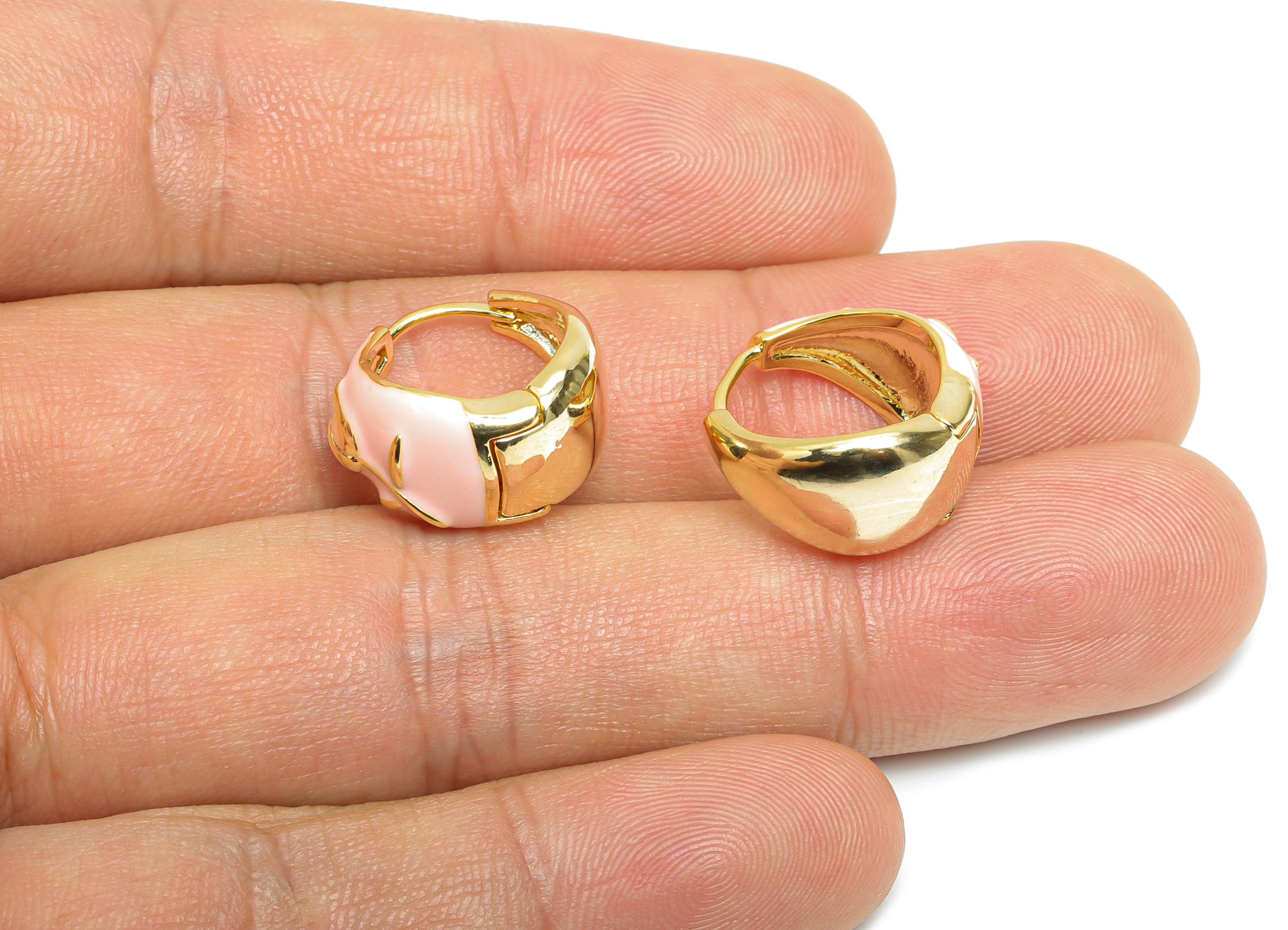Brass Round Hoop Earring - Flower Enamel Huggie Earring for Girl&#39;s - Refined Gold Thick Earring - 18K Gold Plated - 16.61x9.14x3mm -RGP9607B - DOMEDBAZAAR