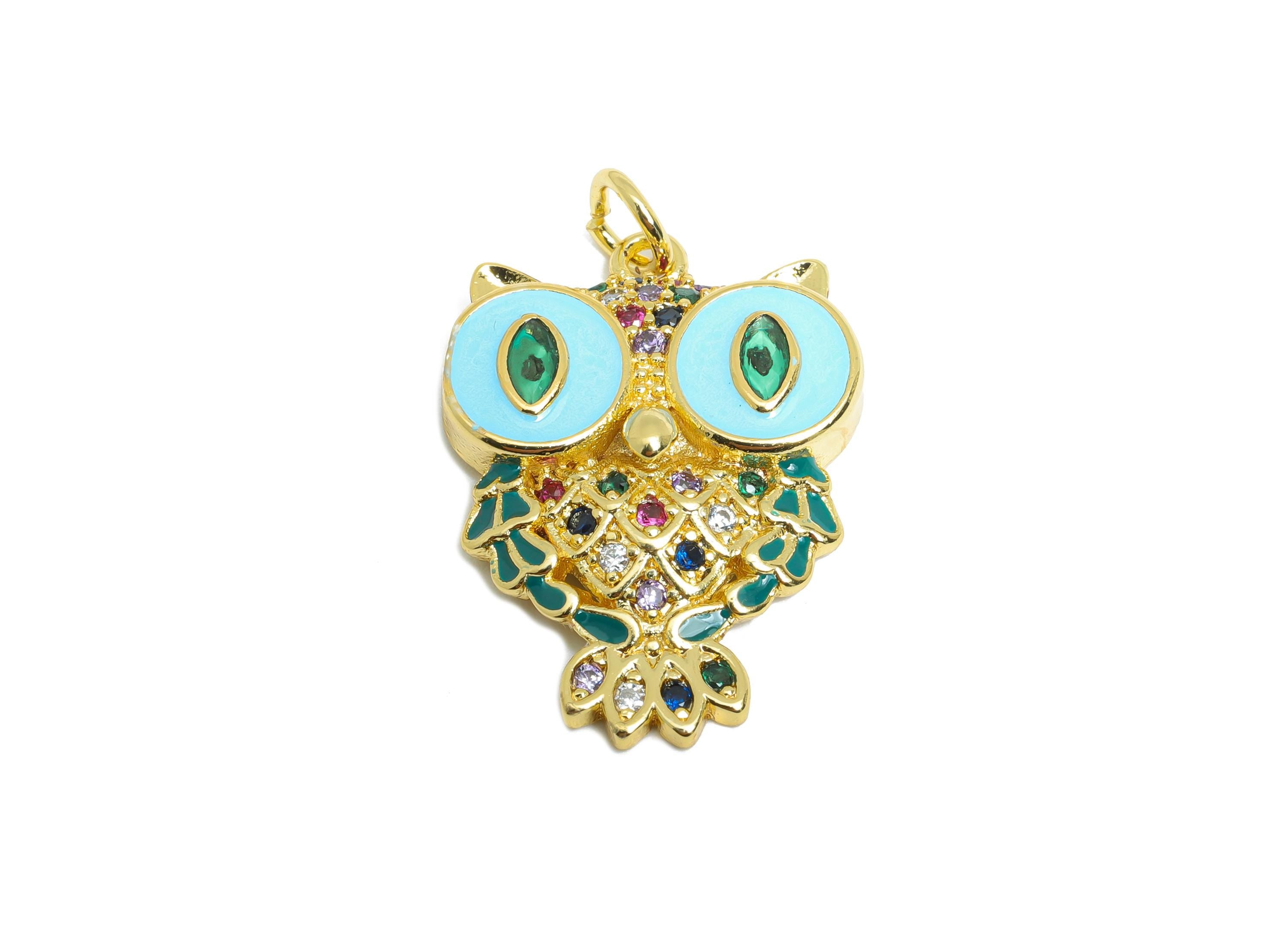 Colorful Owl Pendant - Brass Zircon Geometry Owl Jewelry - Symbol of Wisdom Jewelry - Owl Necklace - 18K Real Gold Plated -24x17x3mm-RGP9702 - DOMEDBAZAAR
