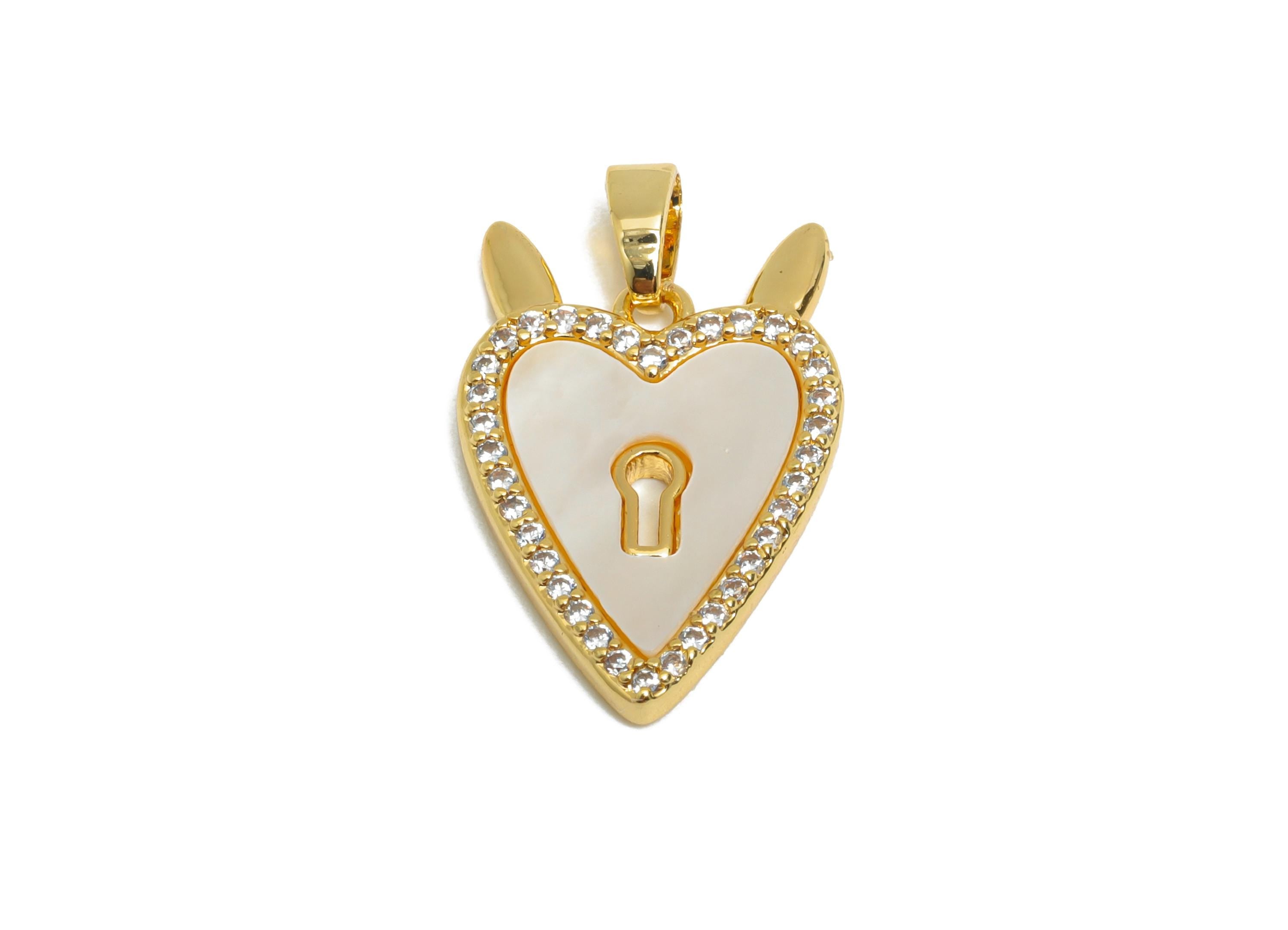 Brass CZ Heart Pendant - Gold Seashell Pendant for Necklace - Refined Heart Lock Charms - 18K Real Gold-Plated - 20.72x13.9x2.15mm-RGP9552 - DOMEDBAZAAR