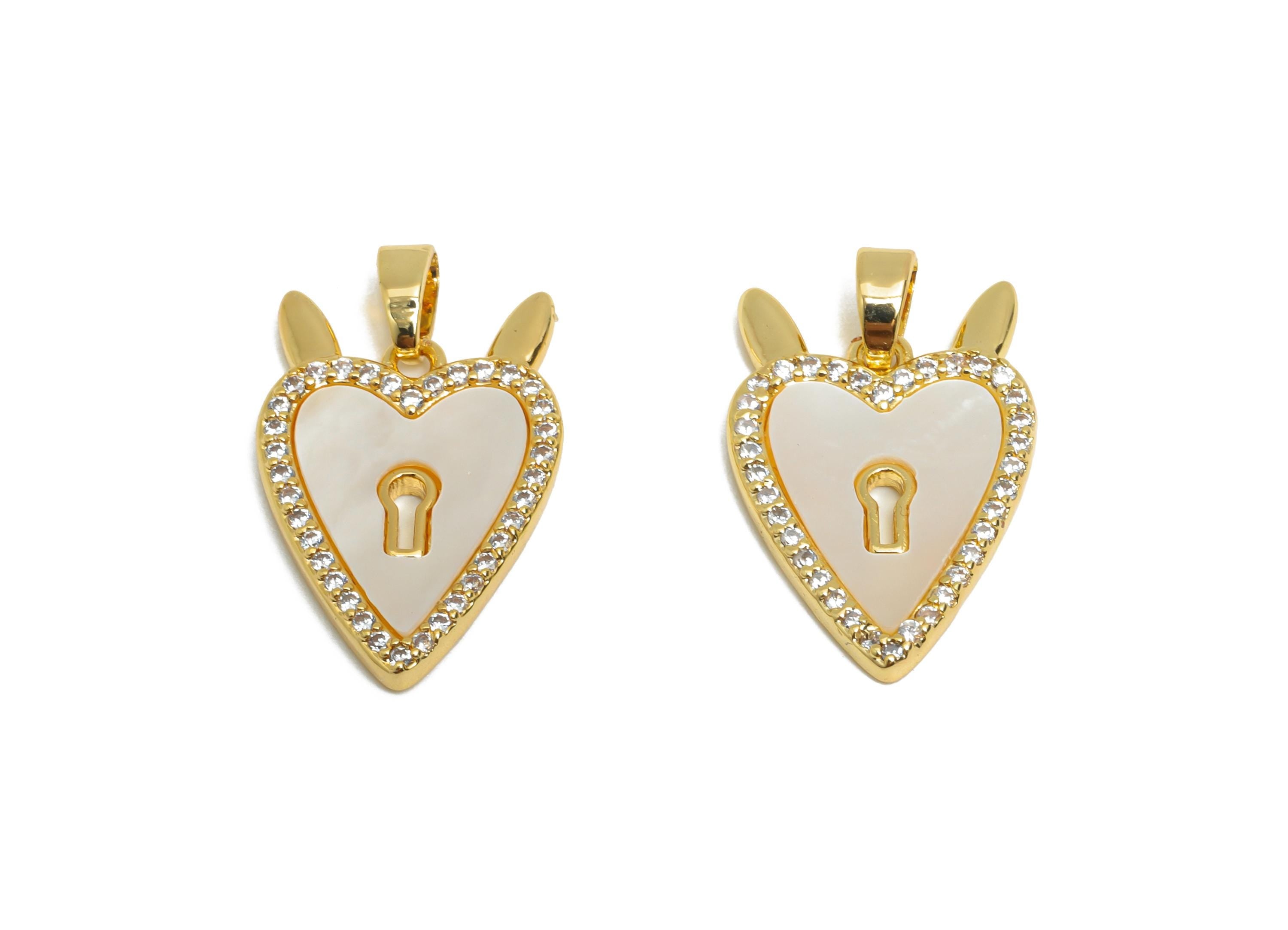 Brass CZ Heart Pendant - Gold Seashell Pendant for Necklace - Refined Heart Lock Charms - 18K Real Gold-Plated - 20.72x13.9x2.15mm-RGP9552 - DOMEDBAZAAR