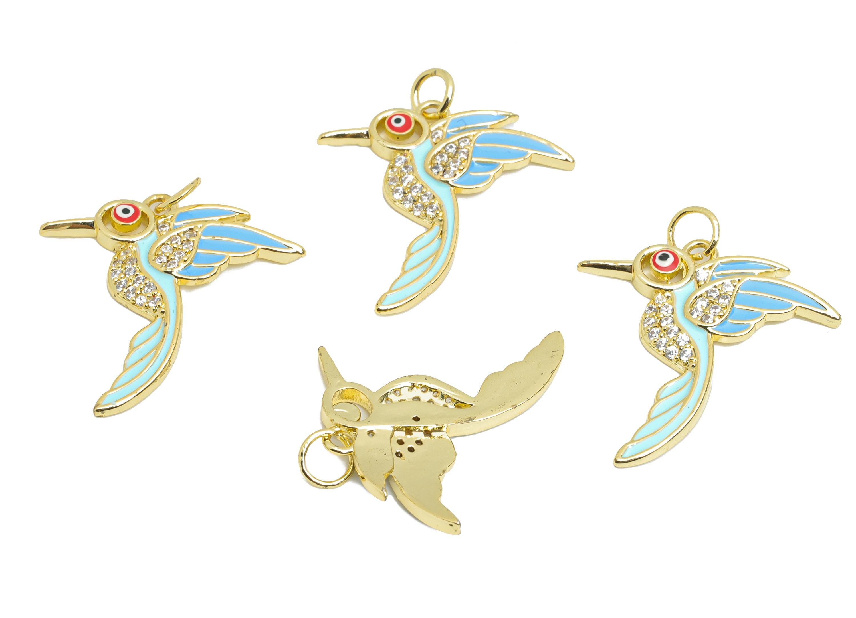 Colorful Bird Pendant - Brass Zircon Animal Jewelry - Cute Bird Jewelry - Modern Enamel Necklace - 18K Real Gold Plated - 25x24x2mm -RGP9697 - DOMEDBAZAAR
