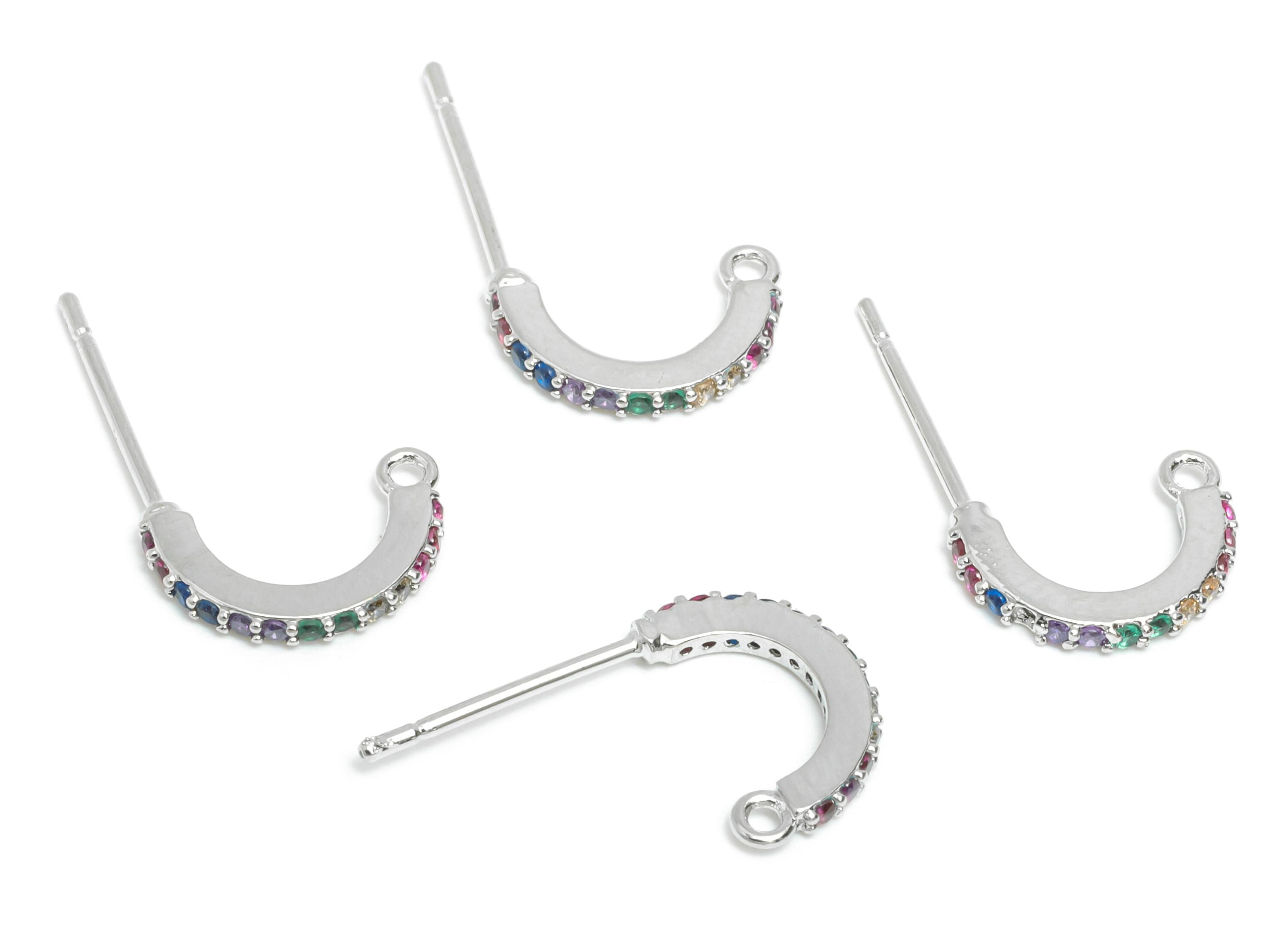 Brass CZ Hoop Earring - Mini C Hoop Earring Post with Loop - Colorful CZ Earring - 18K Real White Gold Plated - 11.28x1.08x1.56mm - RGP9563S - DOMEDBAZAAR