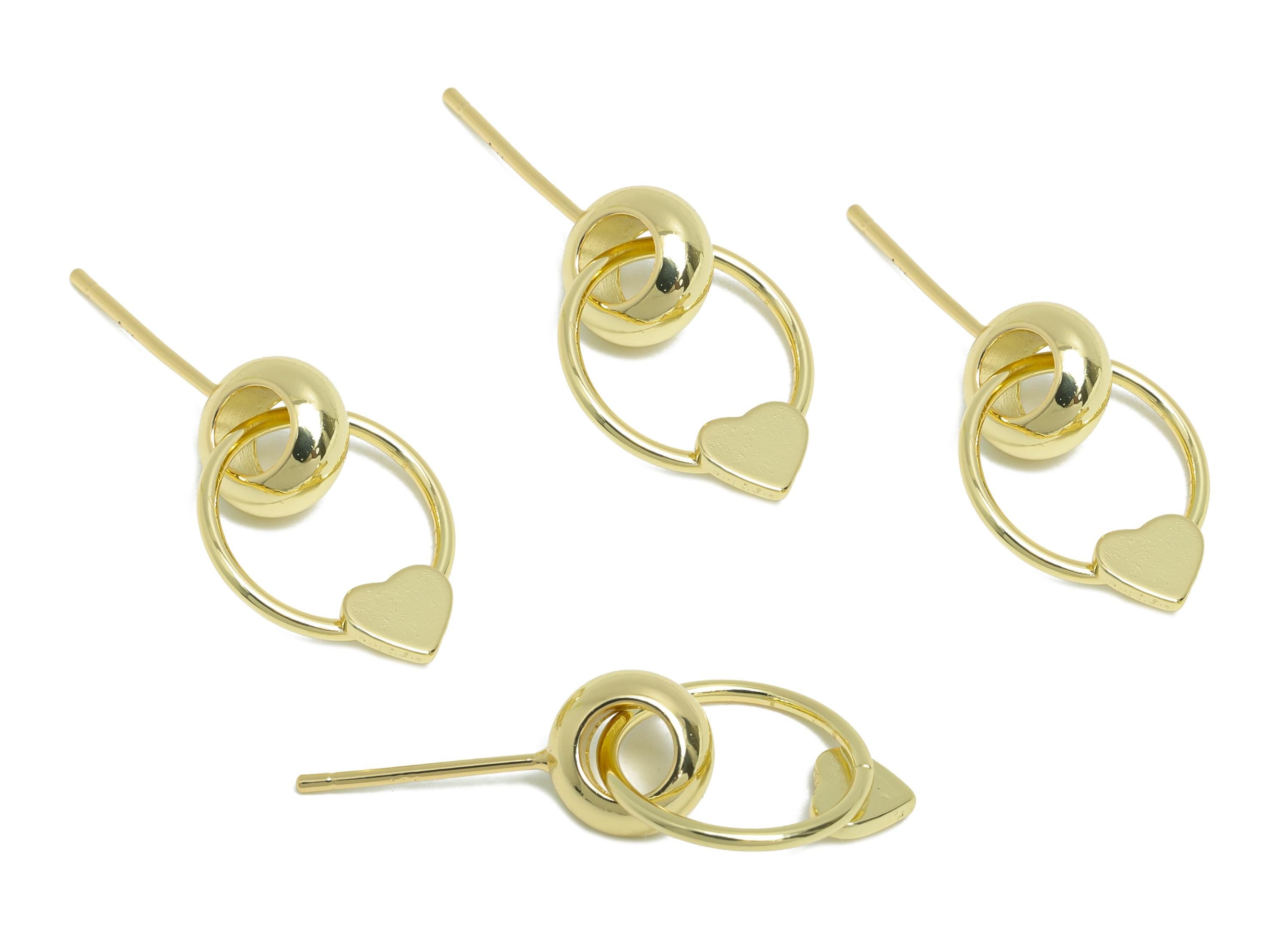 Brass Dangle Earring Stud - Brass Double Round Interlock Earring Post - Heart Dangle Earring Post -14K Real Gold-Plated-18x13x4mm-RGP9444-14 - DOMEDBAZAAR