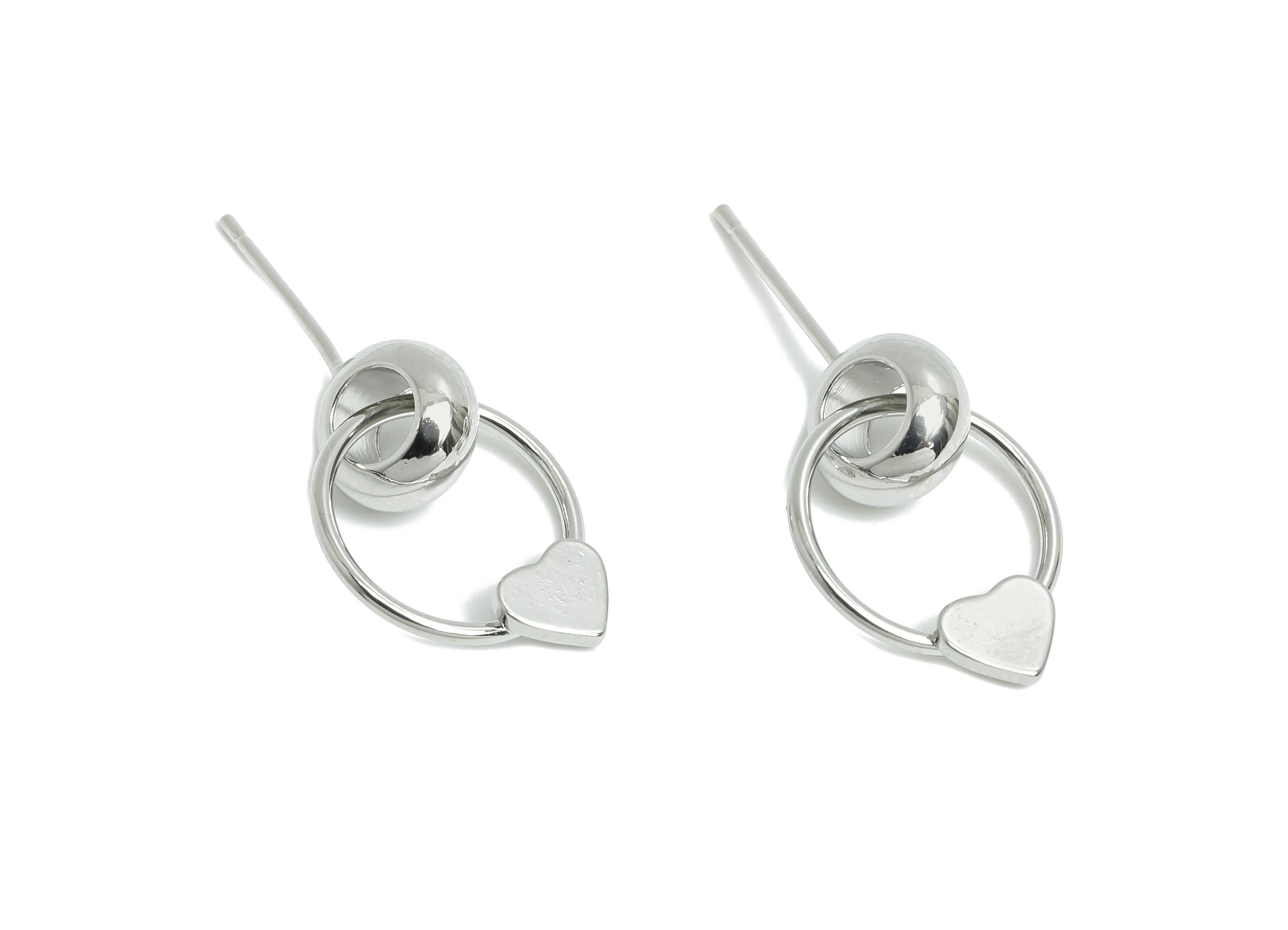 Brass Dangle Earring Stud - White Double Round Interlock Earring Post - Heart Dangle Earring Post -18K White Gold-Plated -18x13x4mm-RGP9444S - DOMEDBAZAAR