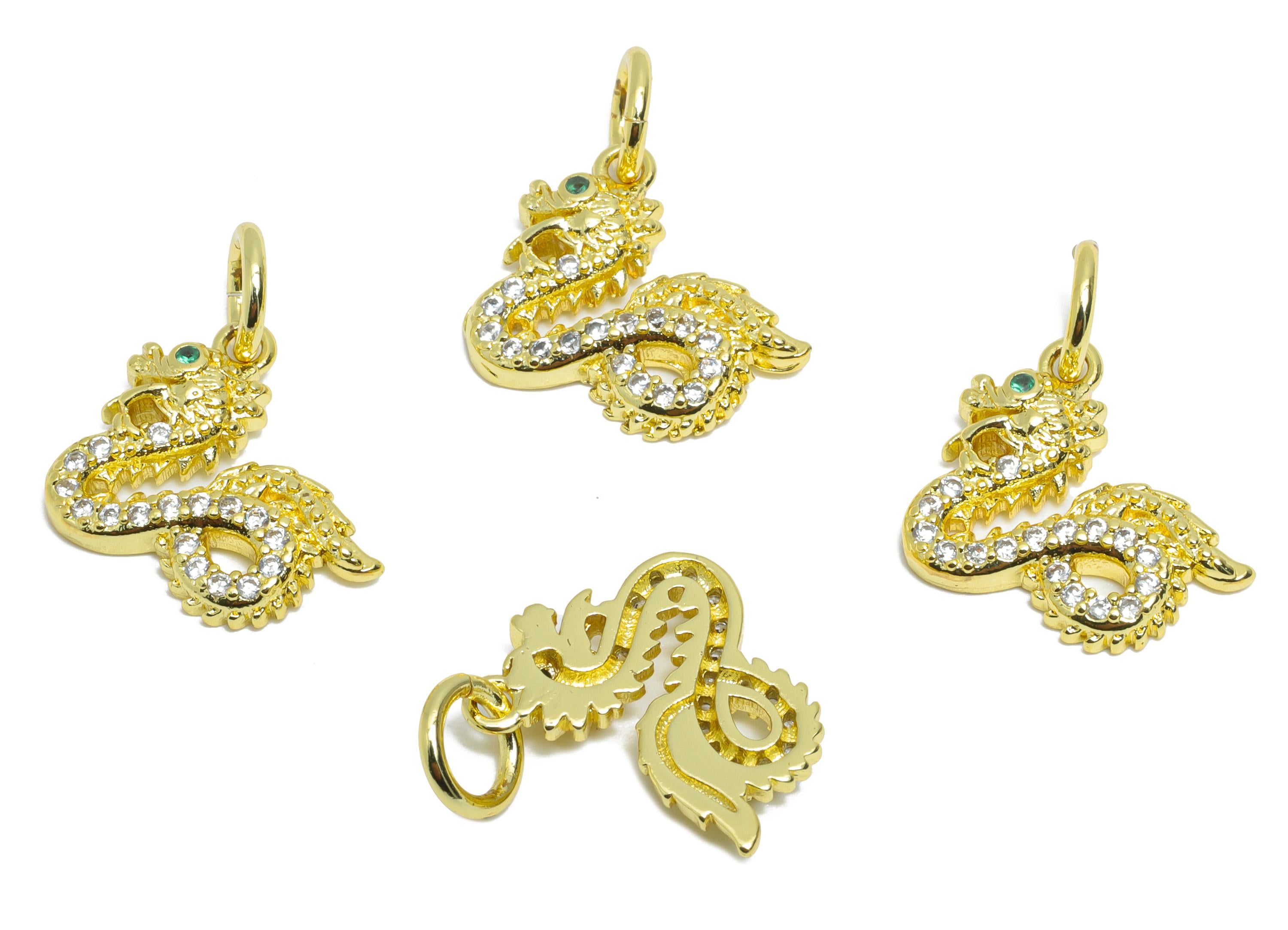 Brass Dragon Pendant - Brass Cubic Zircon Jewelry - Mini Dragon Pendant - Modern Sparking Charm - 18K Real Gold Plated - 13x14x2mm-RGP9704 - DOMEDBAZAAR