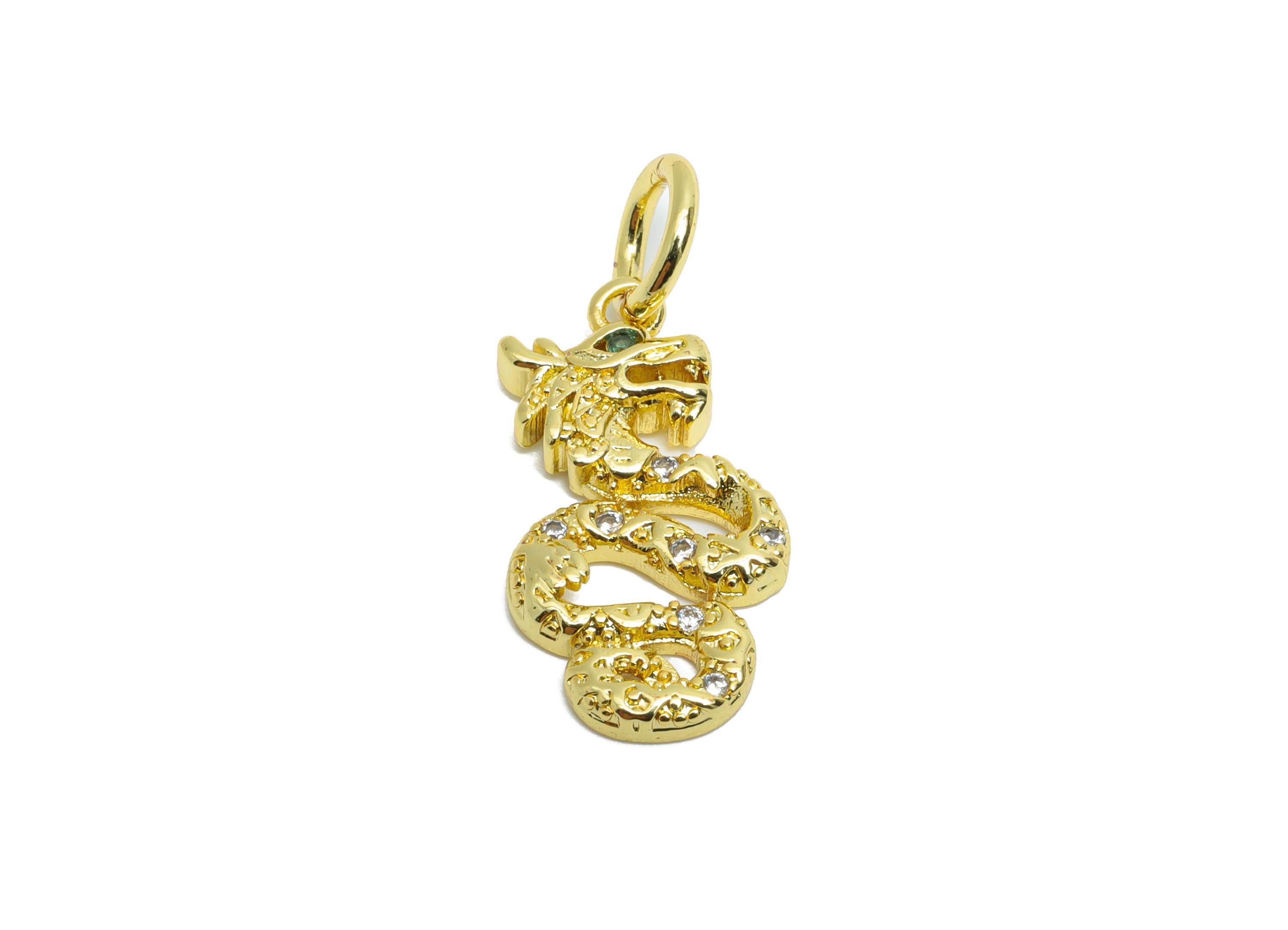 Brass Dragon Pendant - Brass Cubic Zircon Jewelry - Twisted Dragon Pendant - Sparking Charm - 18K Real Gold Plated - 17x9x2.31mm - RGP9703 - DOMEDBAZAAR