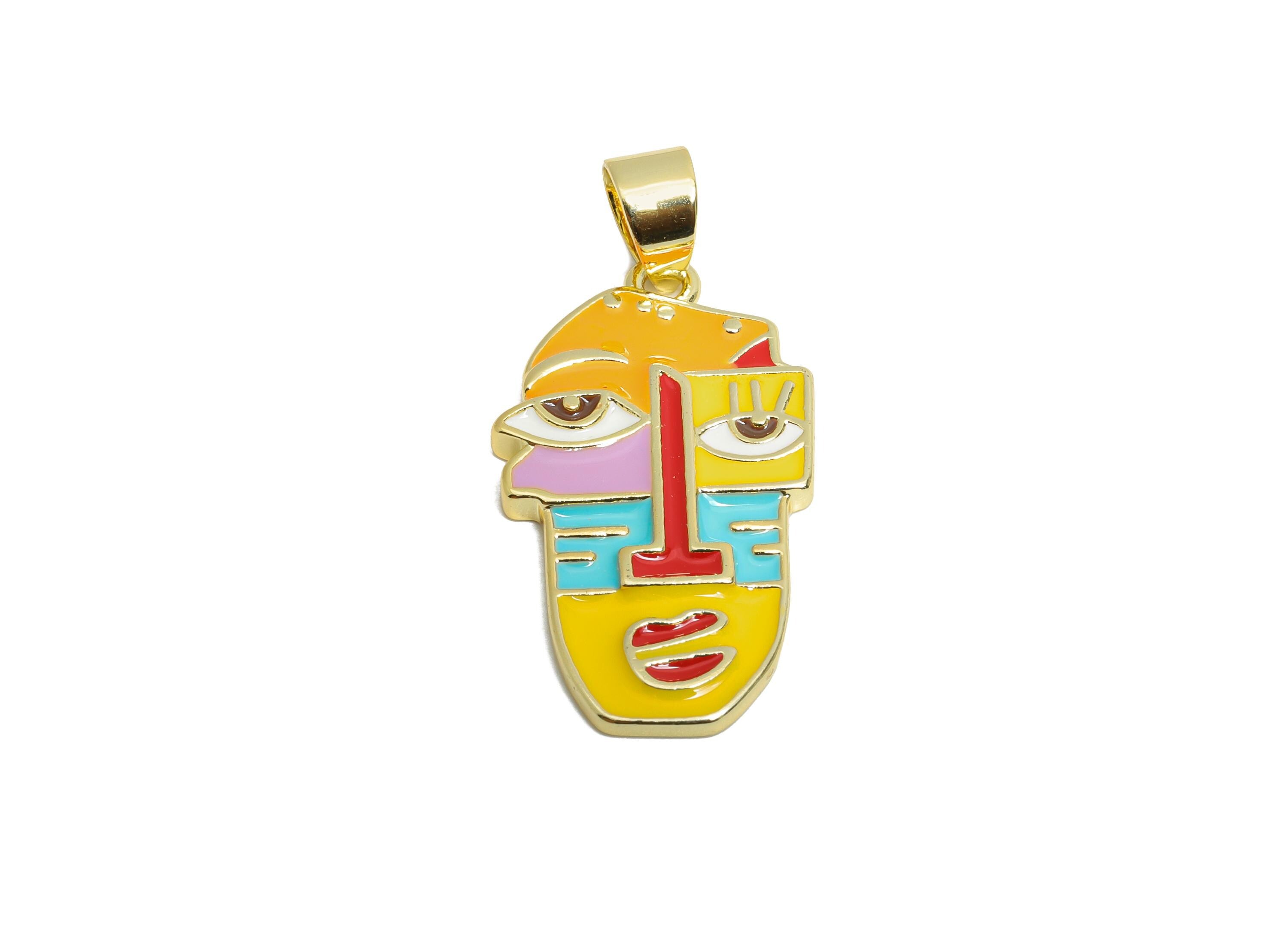 Abstract Portrait Pendant - Brass Zircon Colorful Jewelry - Modern Colorful Brass Pendant - 18K Real Gold Plated - 27x15x2.21mm - RGP9705 - DOMEDBAZAAR