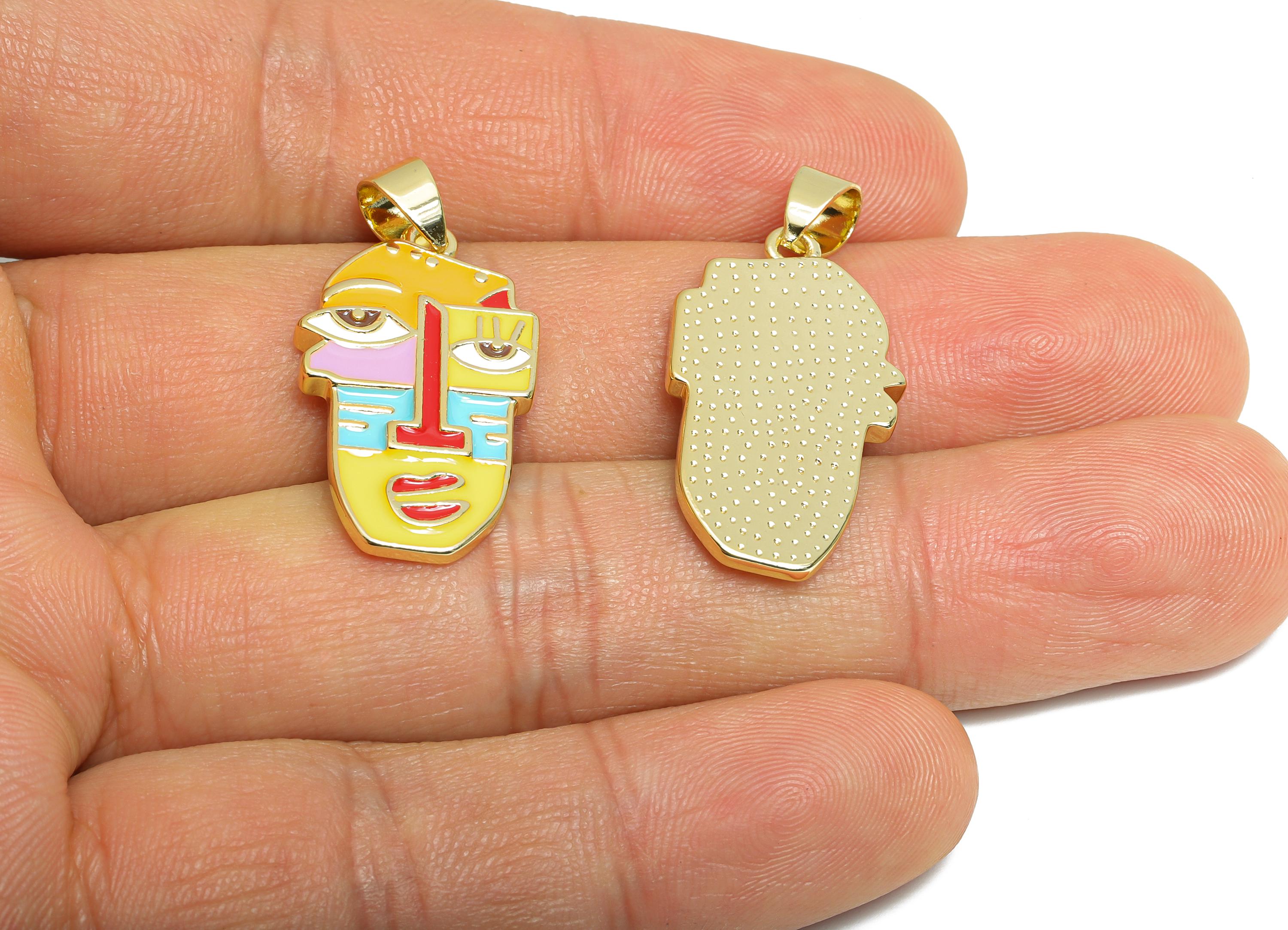 Abstract Portrait Pendant - Brass Zircon Colorful Jewelry - Modern Colorful Brass Pendant - 18K Real Gold Plated - 27x15x2.21mm - RGP9705 - DOMEDBAZAAR