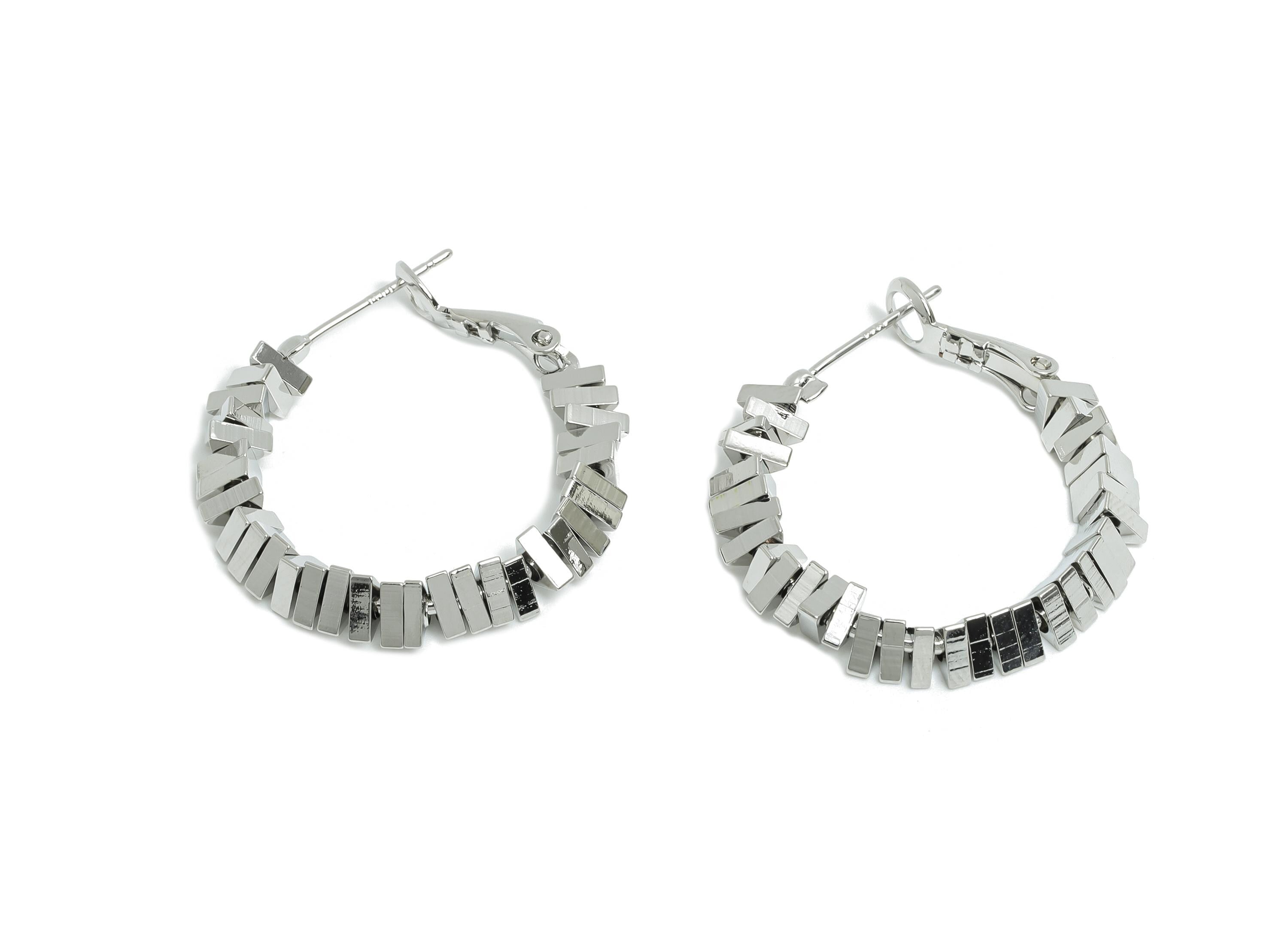 Brass Beaded Hoop Earring - White Stacked Triangle Earring - Geometric Clasp Back Earring - 18K Real White Gold-Plated - 28x26x4mm -RGP9436S - DOMEDBAZAAR