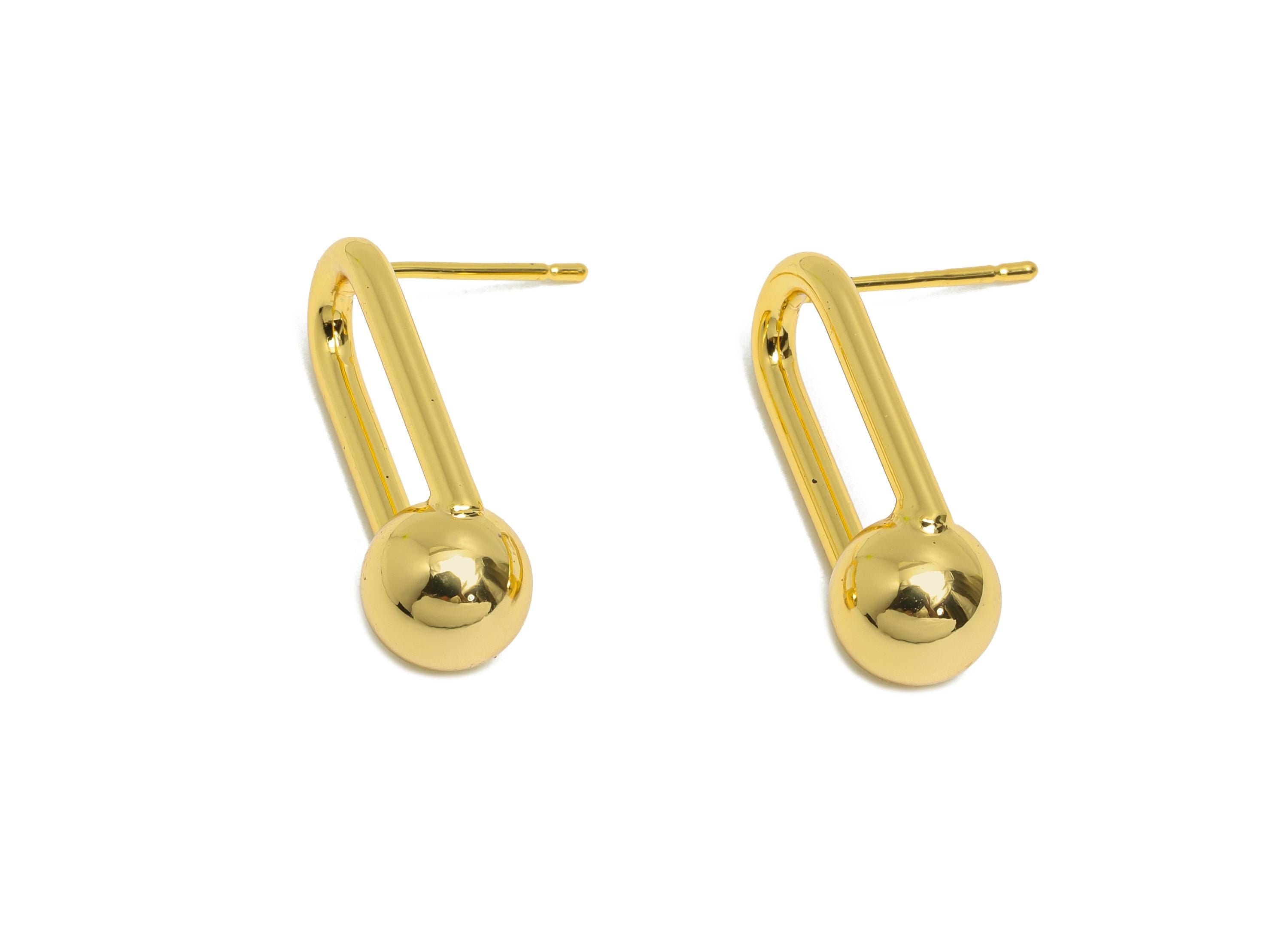 Brass Ball Earring Stud - Gold Oval Rectangle Ball Earring - Minimalist Dangle Ball Earring Post- 18K Real Gold Plated - 23x9x8mm - RGP9442 - DOMEDBAZAAR