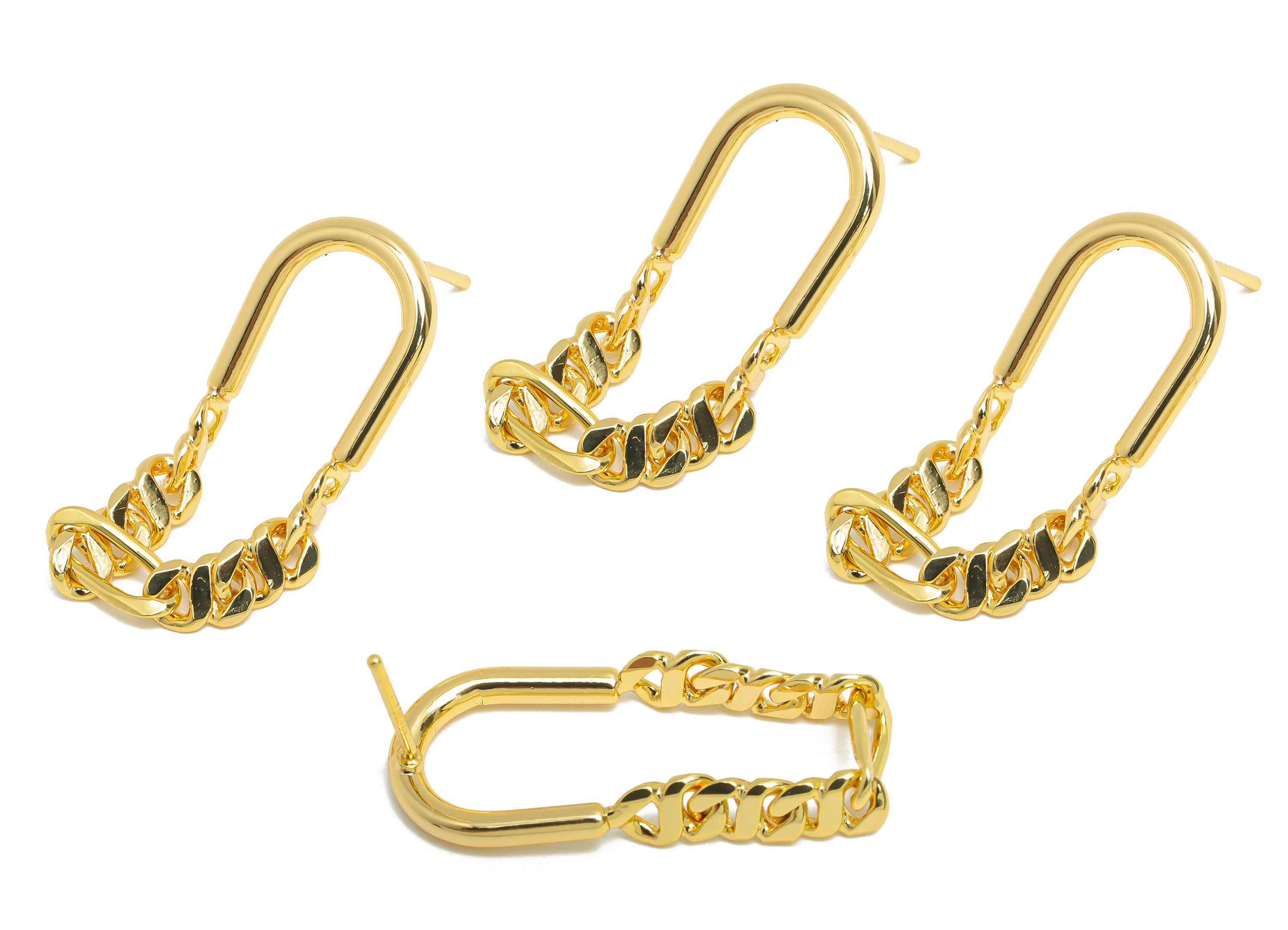 Brass U Shape Earring Stud - Gold Dangling Chain Earring Post - Fashion Chain Geometric Earring - 18K Real Gold-Plated -27x12x2mm - RGP9443 - DOMEDBAZAAR