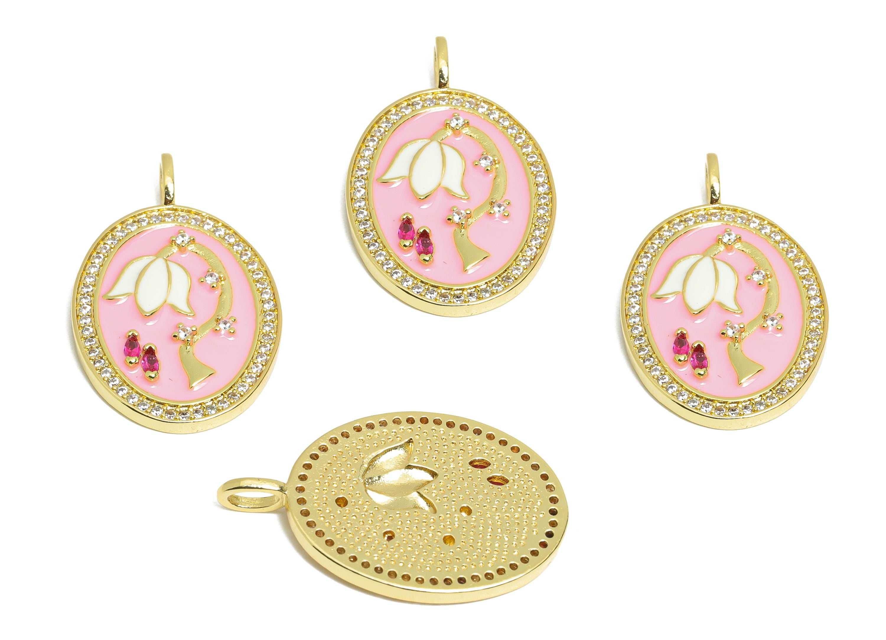 Brass Flower Pendant - Brass Marquise Zircon Pink Floral Jewelry - Oval Enamel Pendant - 18K Real Gold Plating - 31x19x3mm - RGP9726 - DOMEDBAZAAR