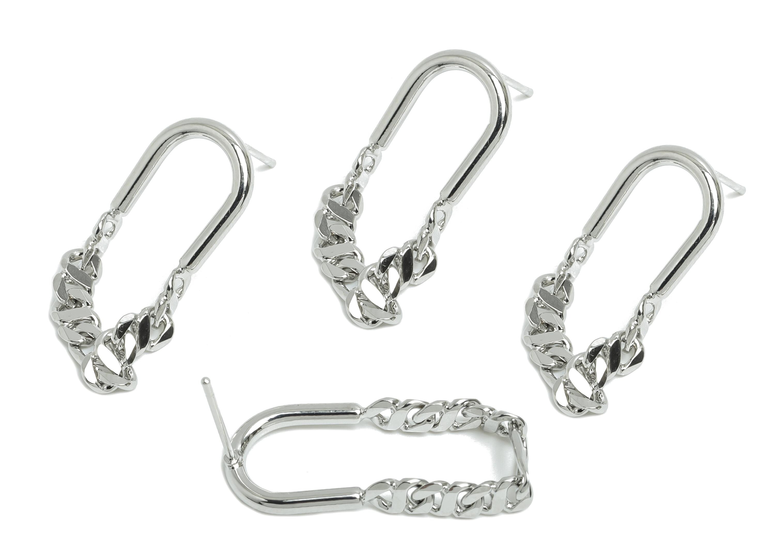 Brass U Shape Earring Stud - Dangling Chain Earring Post - Fashion Chain Geometric Earring - 18K Real White Gold-Plated -27x12x2mm -RGP9443S - DOMEDBAZAAR