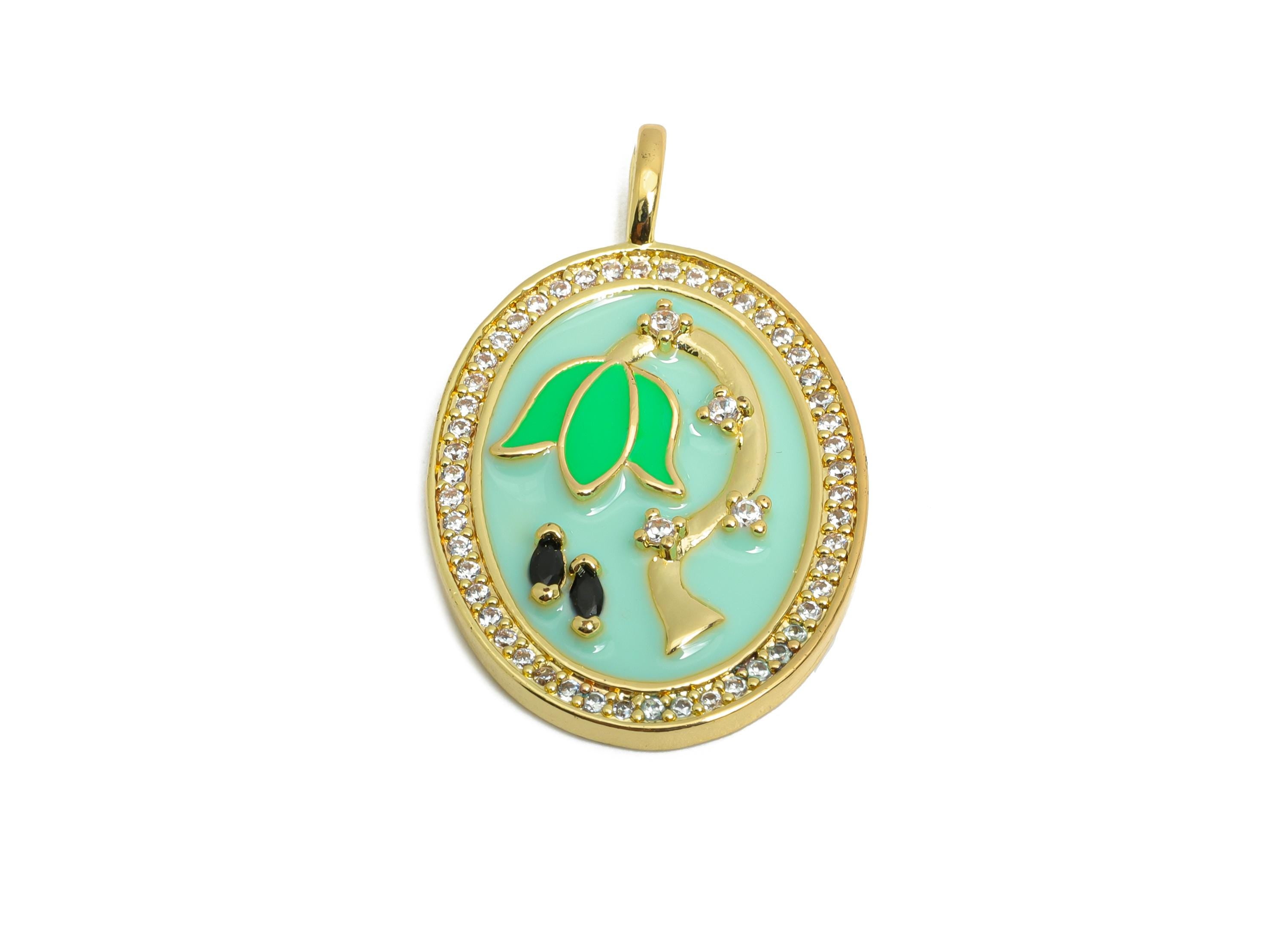 Brass Flower Pendant - Brass Marquise Zircon Green Floral Jewelry - Oval Enamel Pendant - 18K Real Gold Plating - 31x19x3mm - RGP9727 - DOMEDBAZAAR