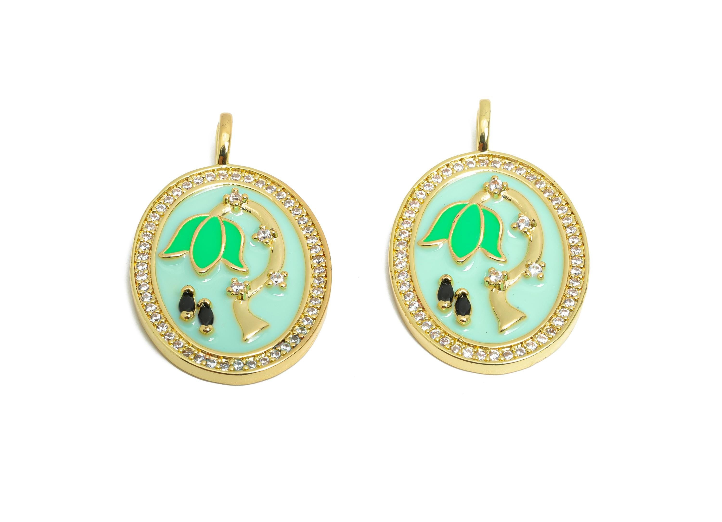 Brass Flower Pendant - Brass Marquise Zircon Green Floral Jewelry - Oval Enamel Pendant - 18K Real Gold Plating - 31x19x3mm - RGP9727 - DOMEDBAZAAR