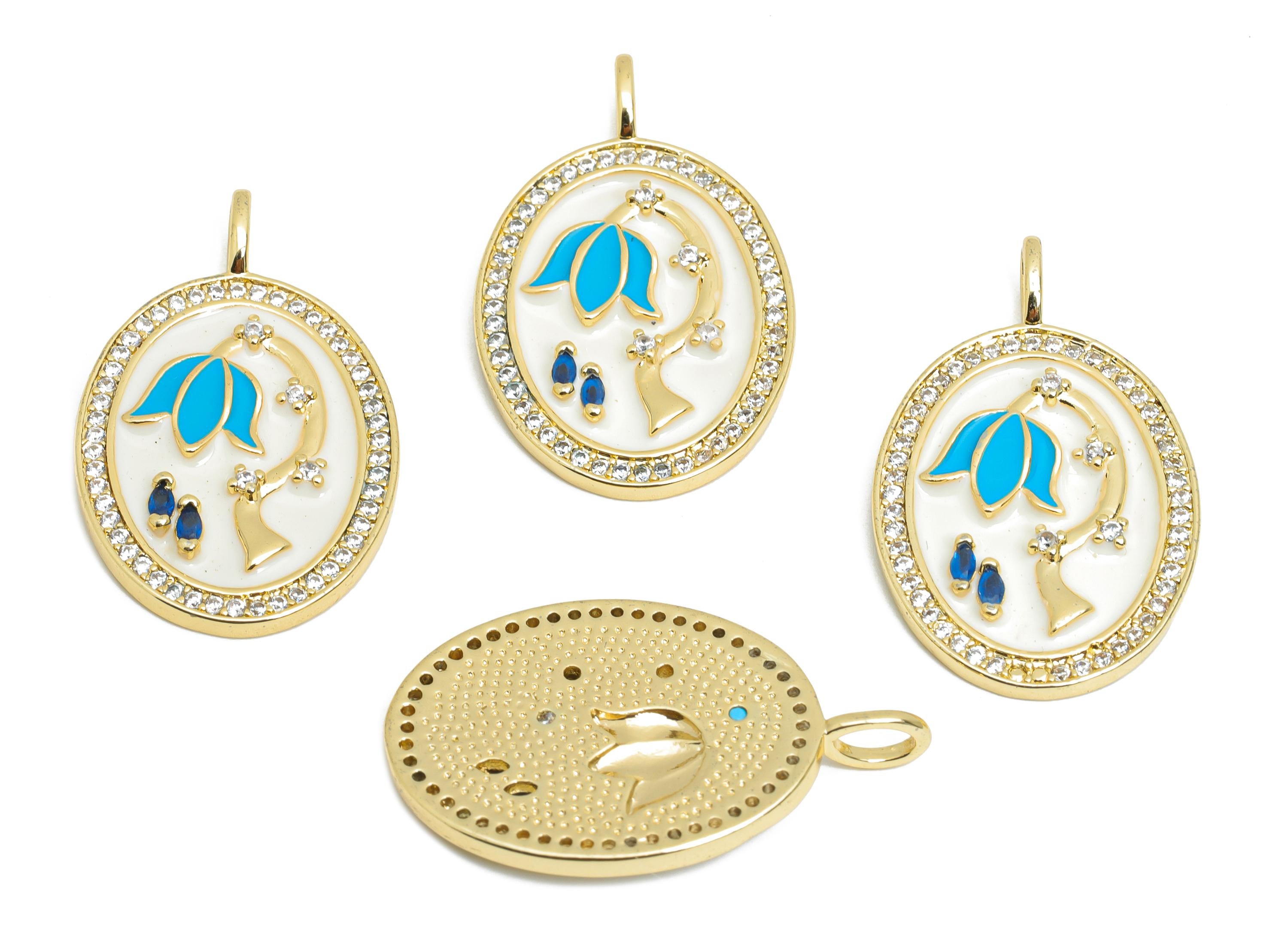 Brass Flower Pendant - Brass Marquise Zircon White Floral Jewelry - Oval Enamel Pendant - 18K Real Gold Plating - 31x19x3mm - RGP9725 - DOMEDBAZAAR