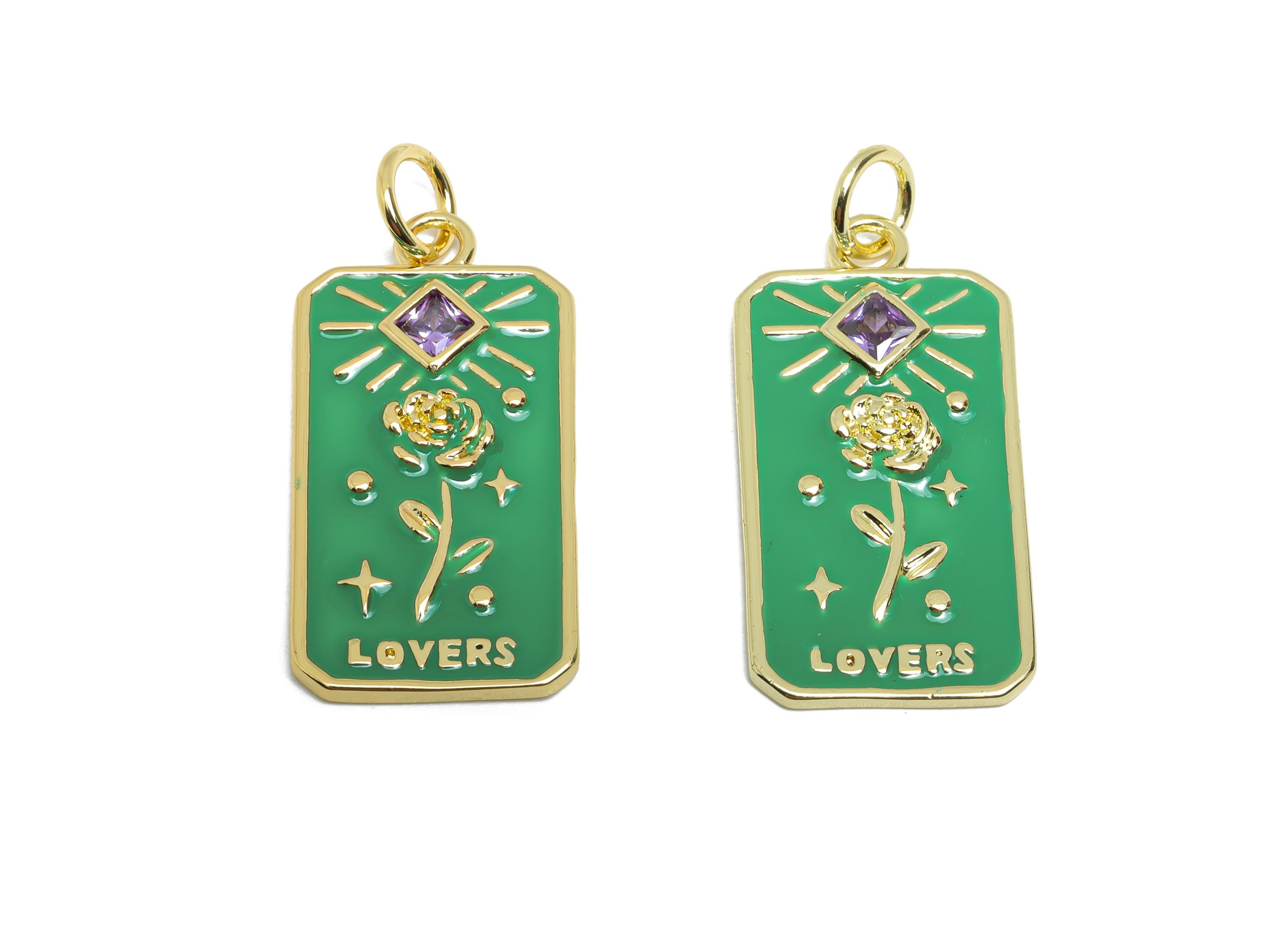 Green Flower Pendant - Brass Square Zircon Enamel Rose Jewelry - Rectangle Space Pendant - 18K Real Gold Plating - 27x14x2.04mm - RGP9724 - DOMEDBAZAAR