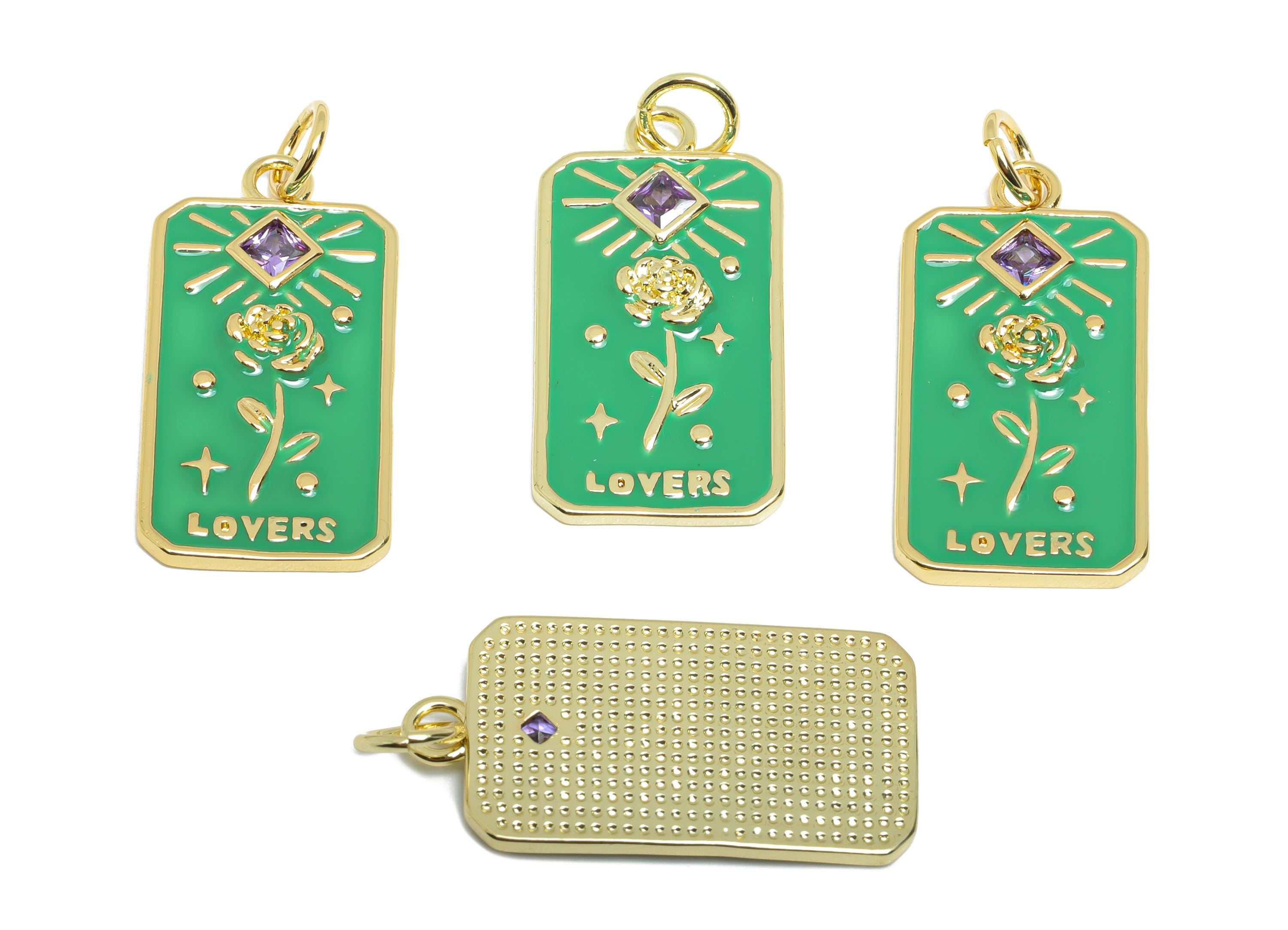 Green Flower Pendant - Brass Square Zircon Enamel Rose Jewelry - Rectangle Space Pendant - 18K Real Gold Plating - 27x14x2.04mm - RGP9724 - DOMEDBAZAAR