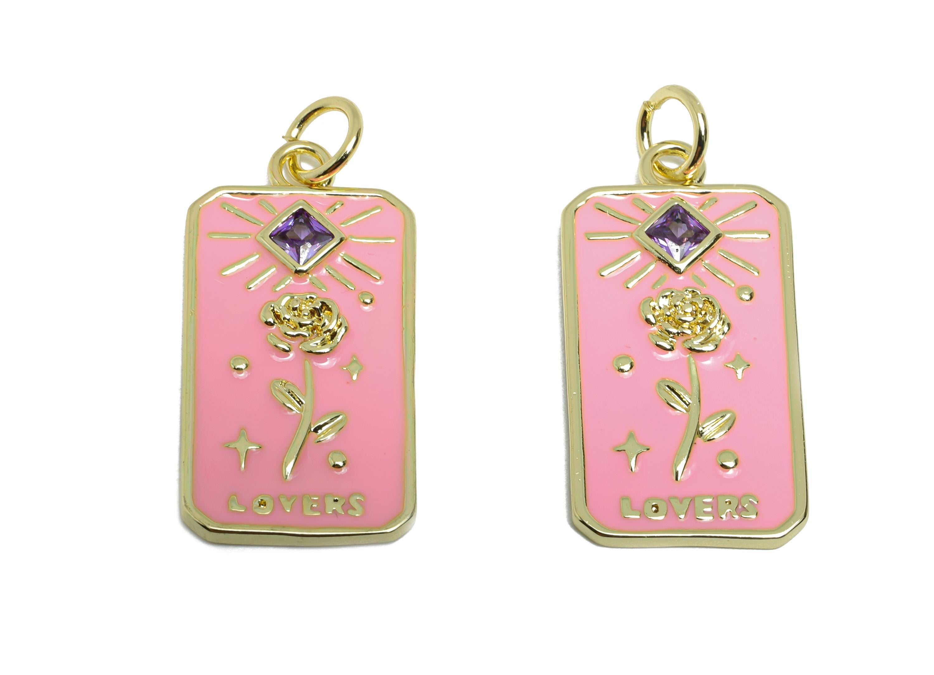 Pink Flower Pendant - Brass Square Zircon Enamel Rose Jewelry - Rectangle Space Pendant - 18K Real Gold Plating - 27x14x2.04mm - RGP9723 - DOMEDBAZAAR