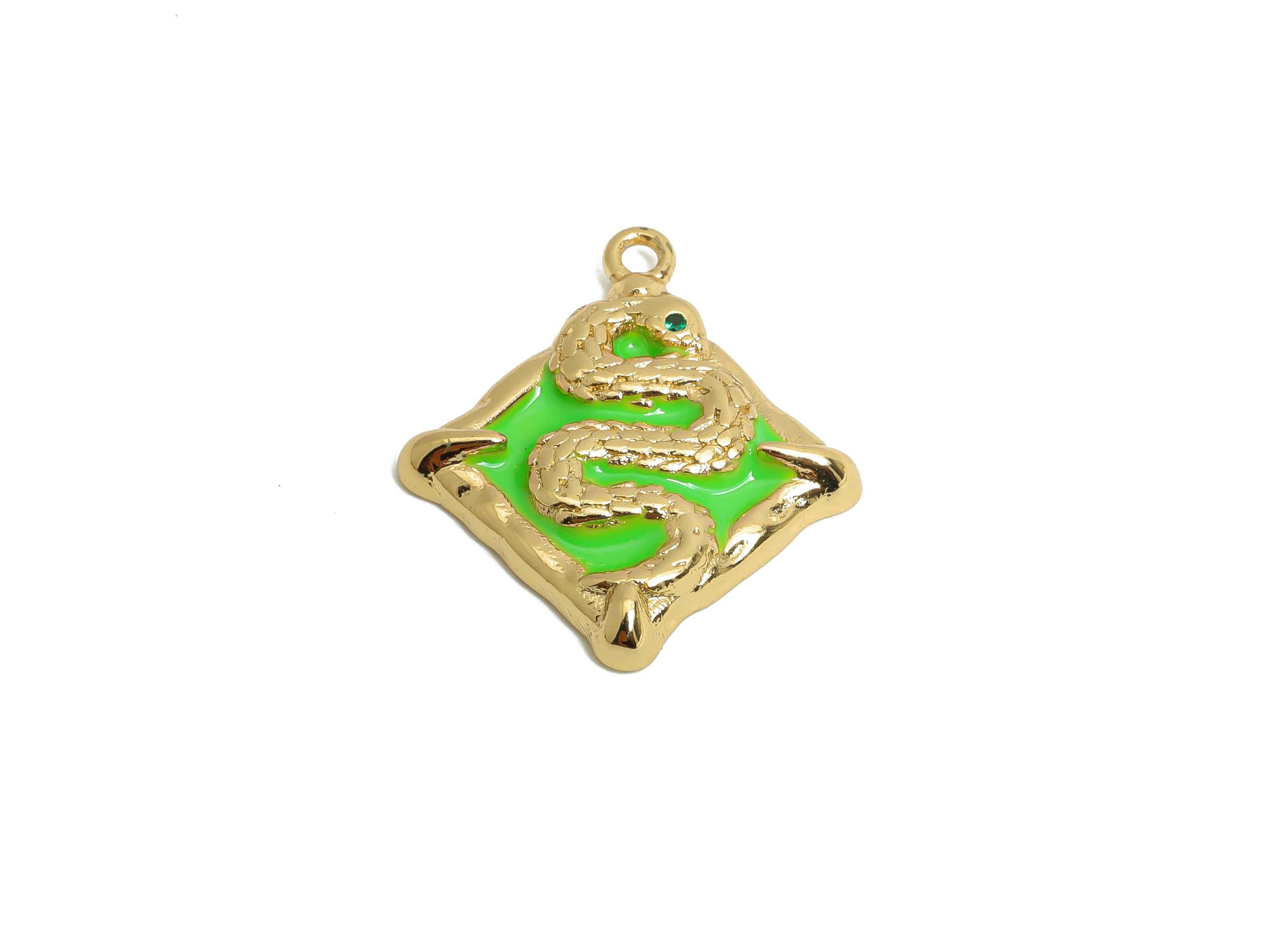 Snake Enamel Square Pendant - Brass Square Zircon Enamel Jewelry - Vintage Snake Pendant - 18K Real Gold Plating - 20x18x3mm - RGP9708 - DOMEDBAZAAR