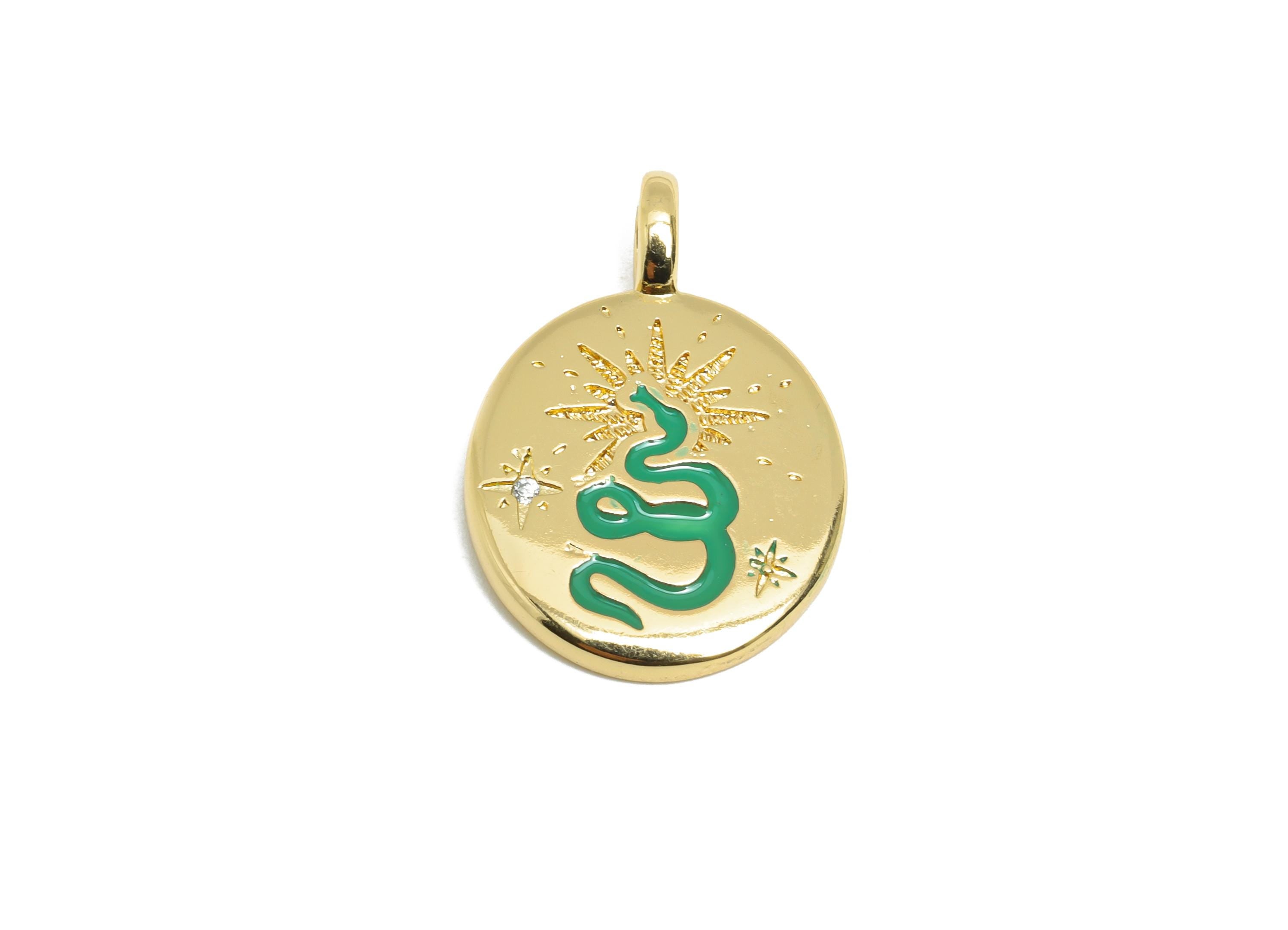 Snake Enamel Oval Pendant - Brass Symbol of Protection Jewelry - Zircon Vintage Snake Pendant - 18K Real Gold Plating - 25x16x2mm - RGP9709 - DOMEDBAZAAR