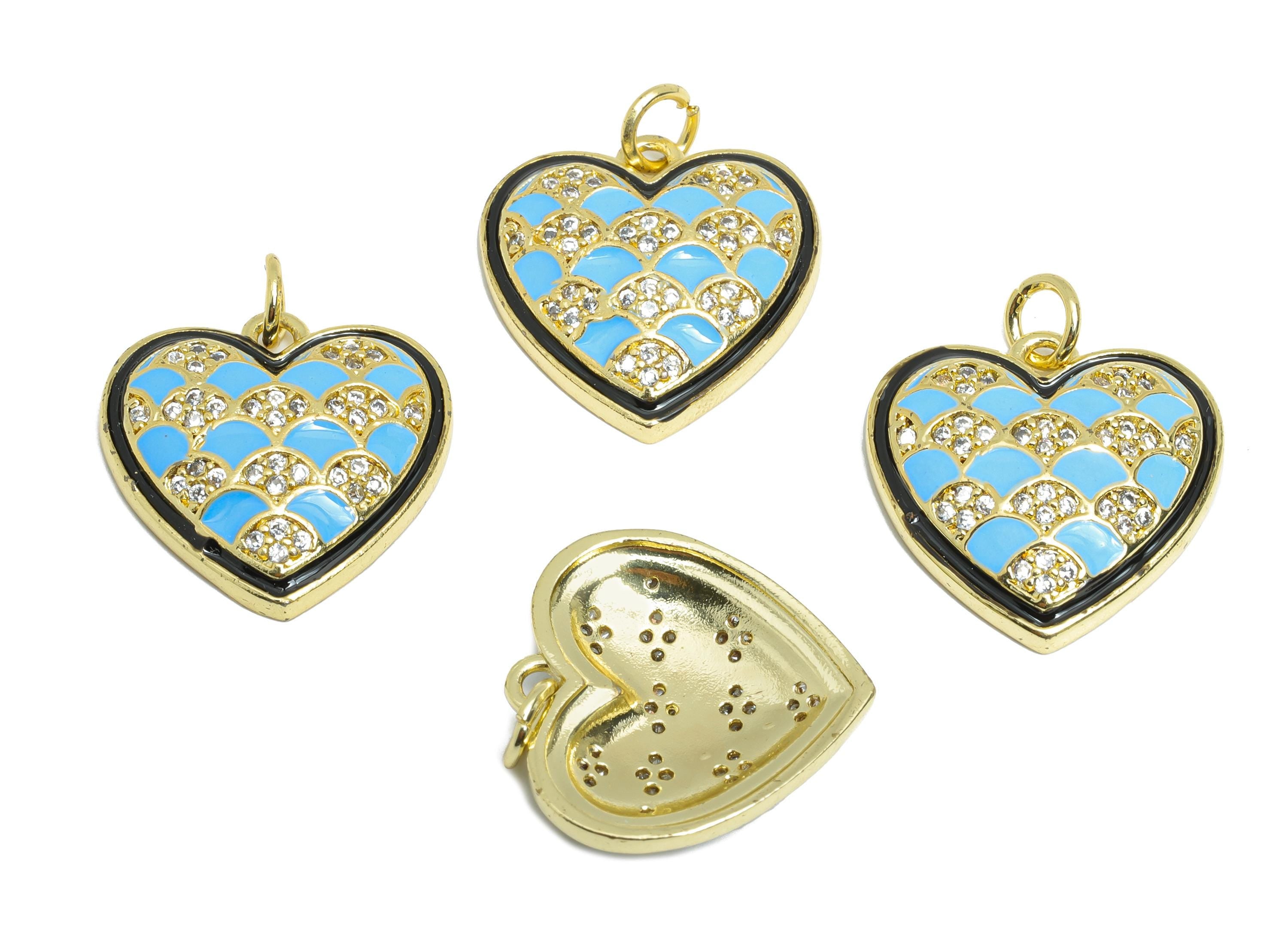 Blue Heart Enamel Pendant - Brass Textured Vintage Zircon Jewelry - Modern Romantic Pendant - 18K Real Gold Plating - 18x18x4.01mm - RGP9715 - DOMEDBAZAAR