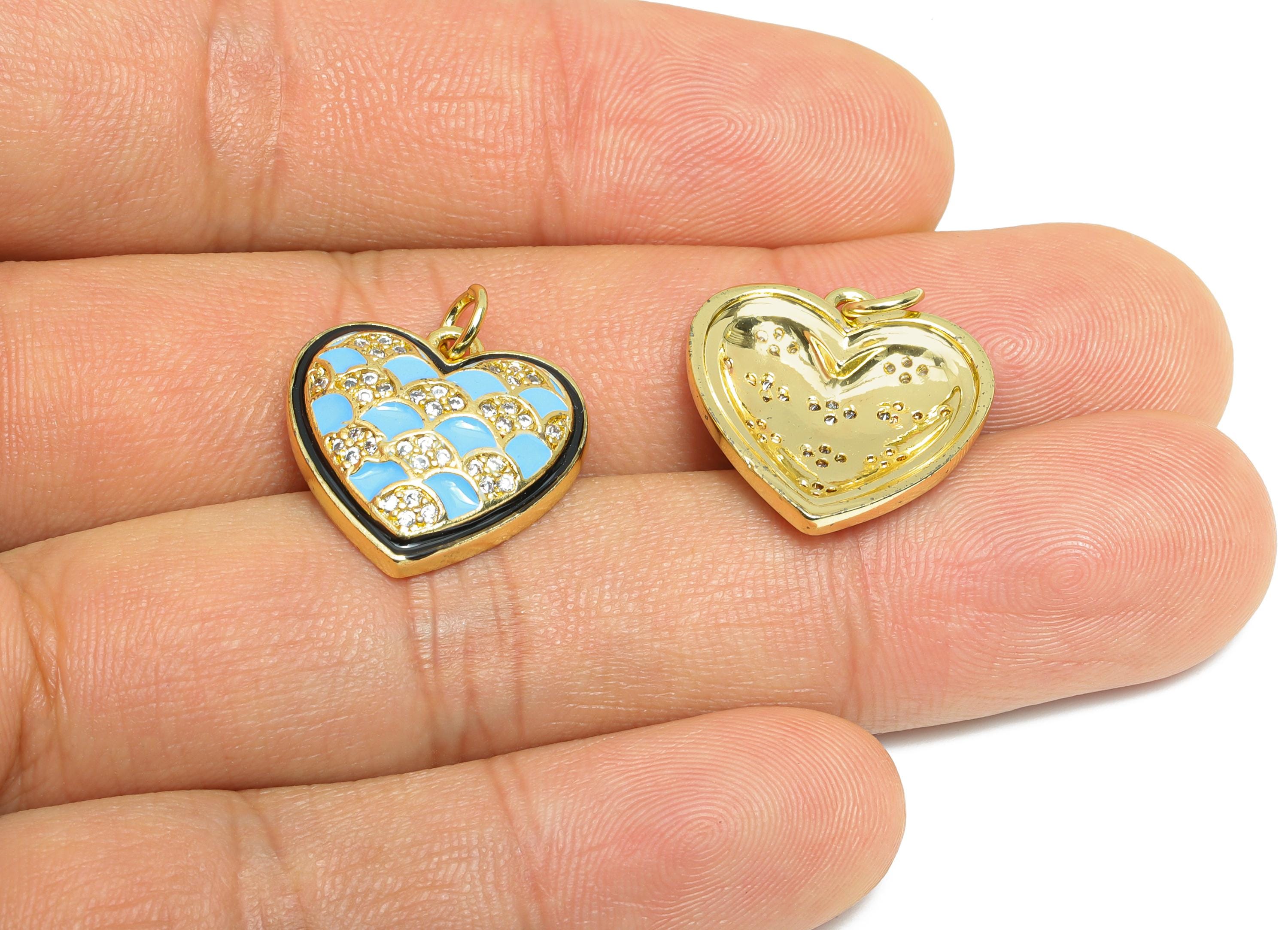 Blue Heart Enamel Pendant - Brass Textured Vintage Zircon Jewelry - Modern Romantic Pendant - 18K Real Gold Plating - 18x18x4.01mm - RGP9715 - DOMEDBAZAAR