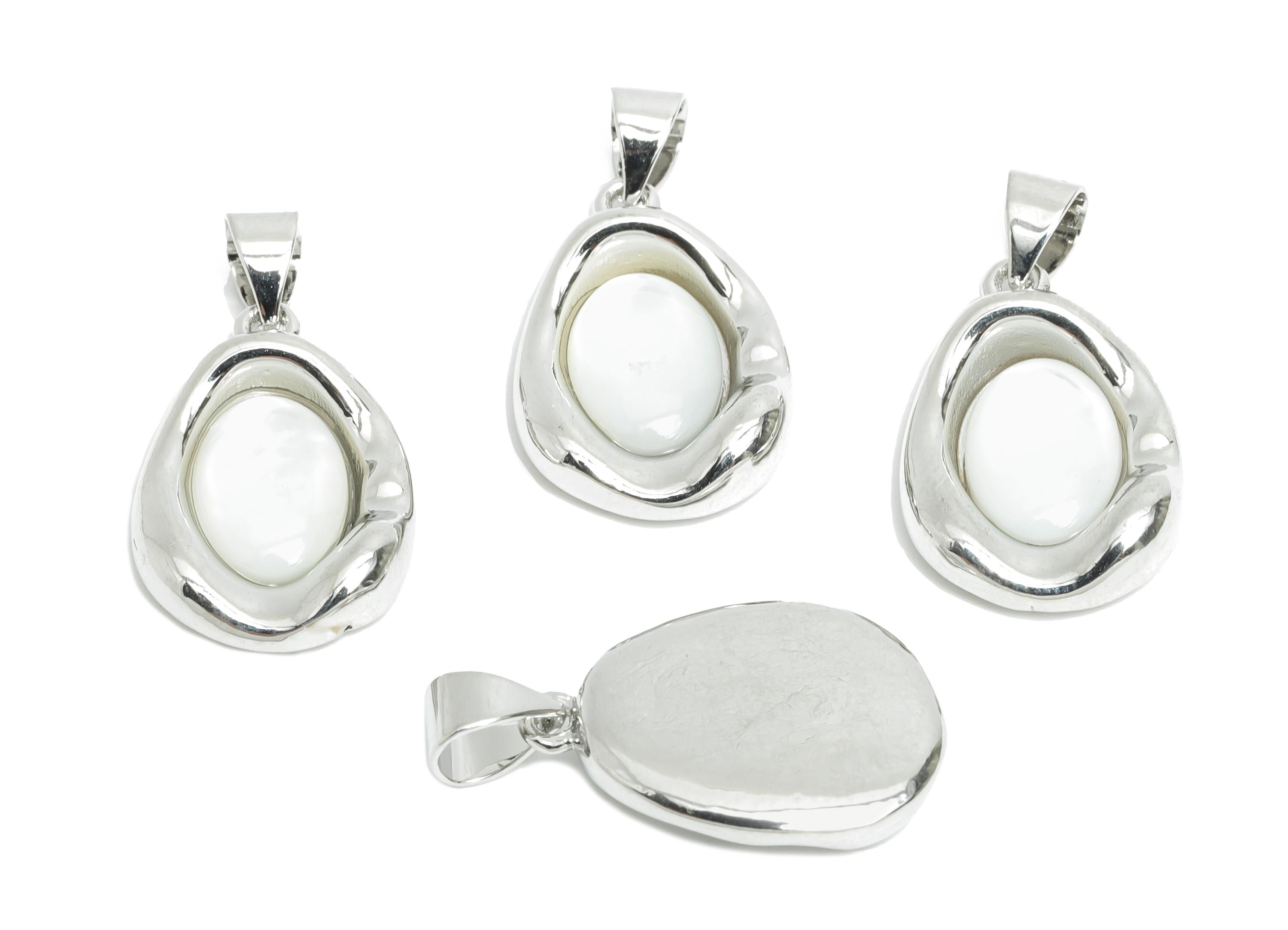 Brass Sea Shell Pendant - Brass Oval Vintage Jewelry - Silver Shiny Shell Pendant - 18K Real White Gold Plated - 22x2x3.84mm - RGP9636 - DOMEDBAZAAR