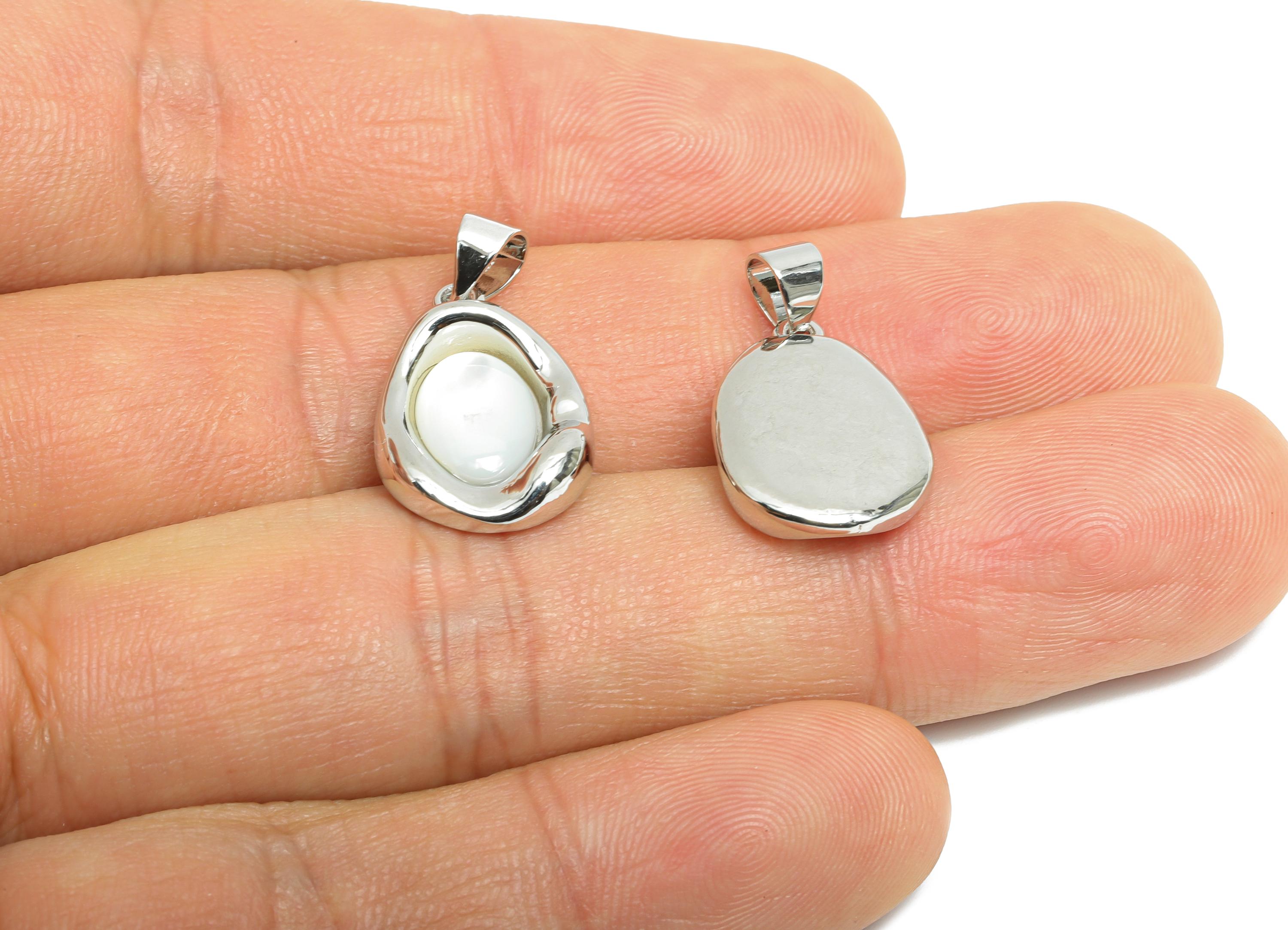Brass Sea Shell Pendant - Brass Oval Vintage Jewelry - Silver Shiny Shell Pendant - 18K Real White Gold Plated - 22x2x3.84mm - RGP9636 - DOMEDBAZAAR