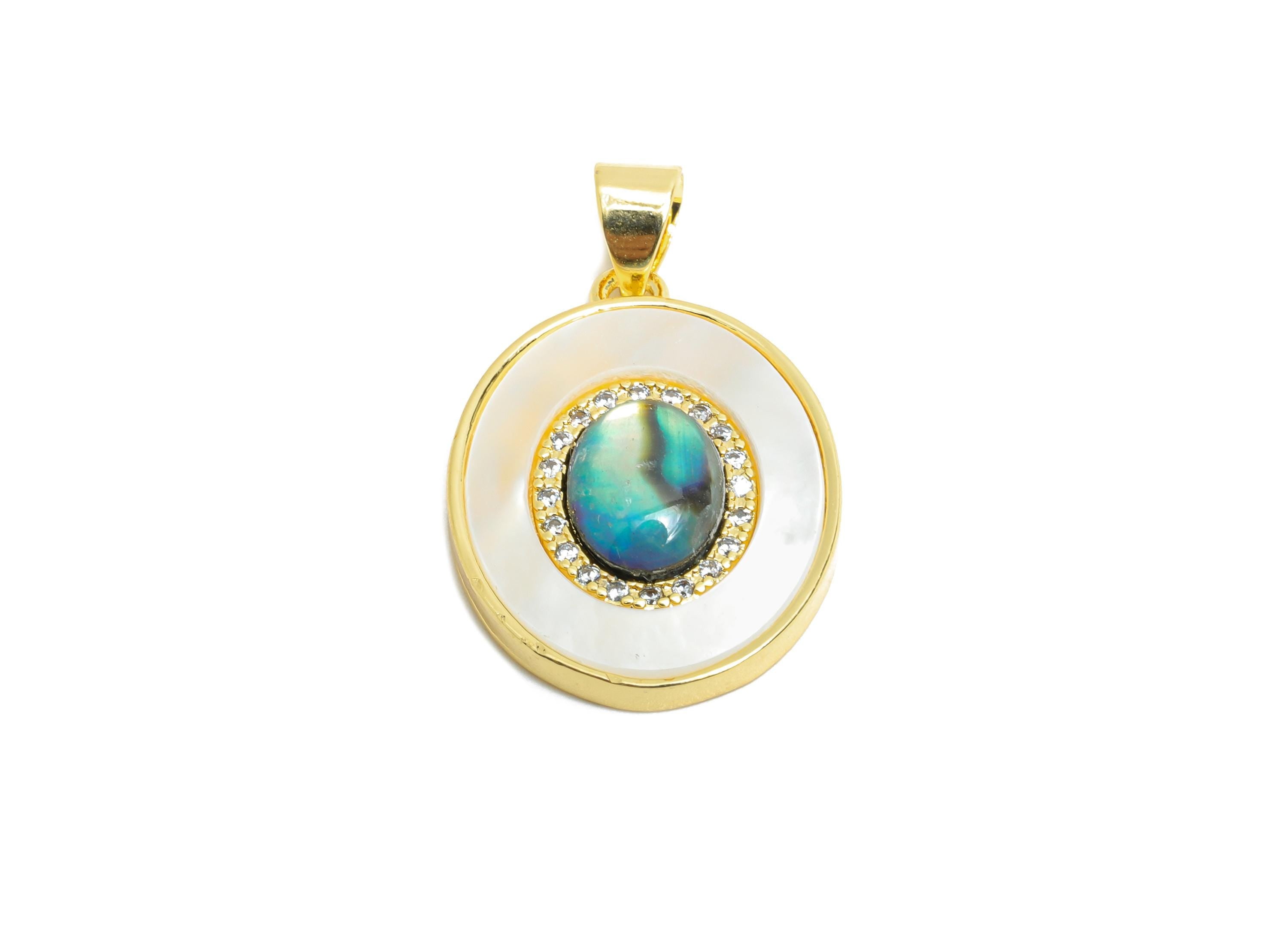 Brass Oval Pendant - Brass Abalone Shell Jewelry - Geometry Cubic Zircon Pendant - 18K Real Gold Plated - 25x5x3.75mm - RGP9634 - DOMEDBAZAAR