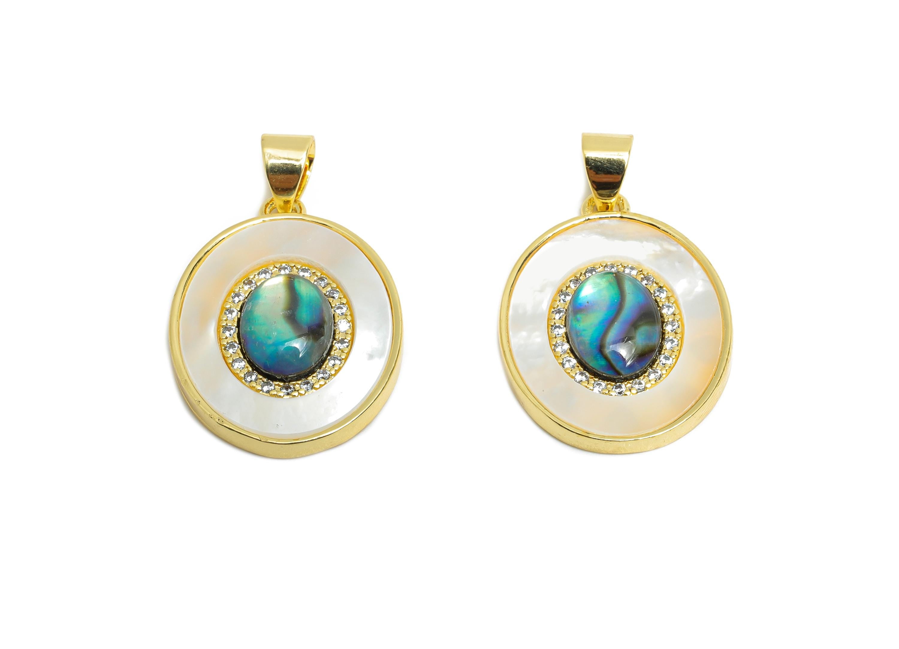 Brass Oval Pendant - Brass Abalone Shell Jewelry - Geometry Cubic Zircon Pendant - 18K Real Gold Plated - 25x5x3.75mm - RGP9634 - DOMEDBAZAAR