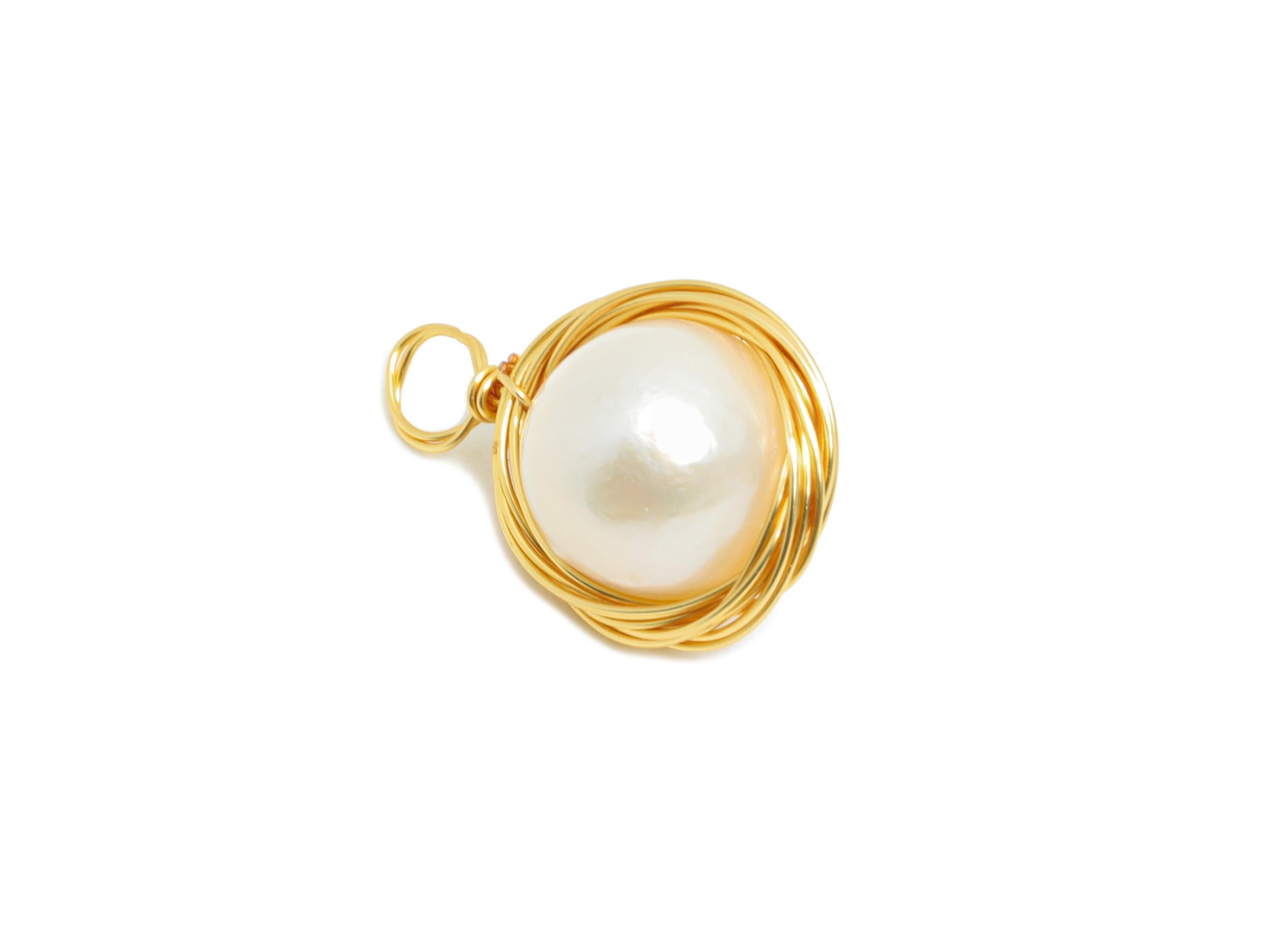 Brass Pearl Earring Charm - Brass DIY Handmade Earring Jewelry - Wire Wrapped Pearl Charm - 18K Real Gold Plating - 14x0.4x9.12mm - RGP9632 - DOMEDBAZAAR