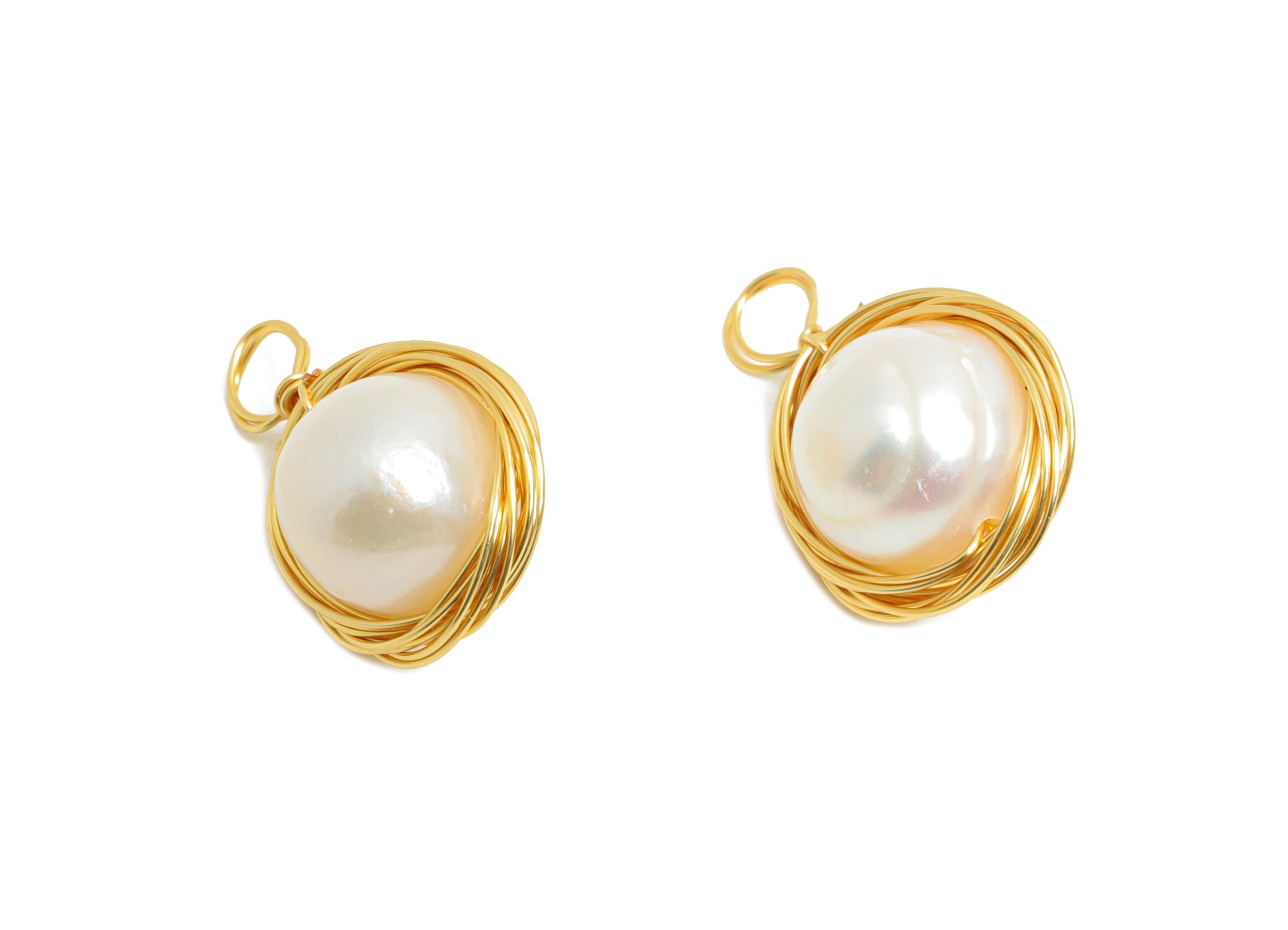 Brass Pearl Earring Charm - Brass DIY Handmade Earring Jewelry - Wire Wrapped Pearl Charm - 18K Real Gold Plating - 14x0.4x9.12mm - RGP9632 - DOMEDBAZAAR
