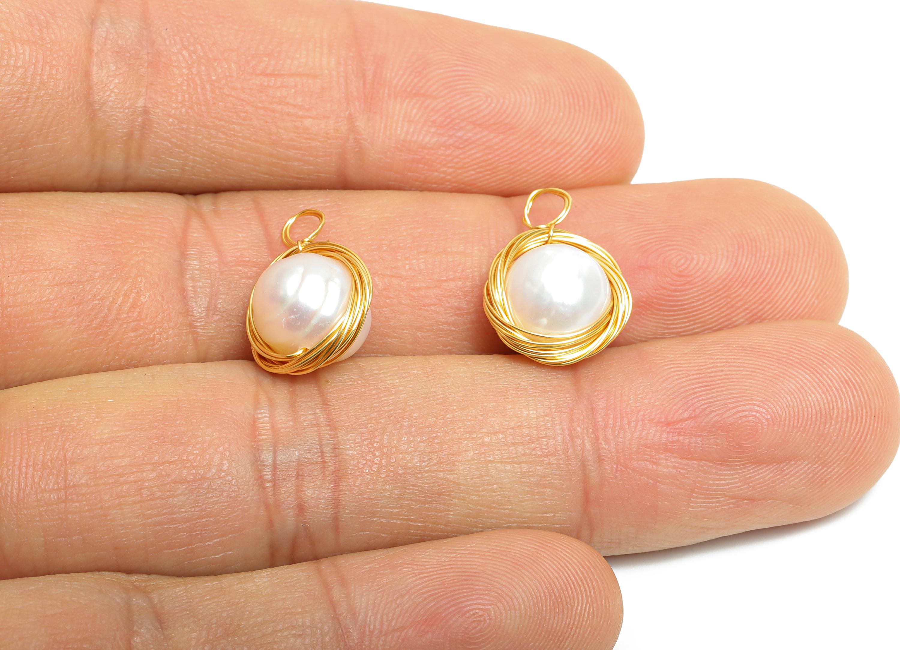 Brass Pearl Earring Charm - Brass DIY Handmade Earring Jewelry - Wire Wrapped Pearl Charm - 18K Real Gold Plating - 14x0.4x9.12mm - RGP9632 - DOMEDBAZAAR