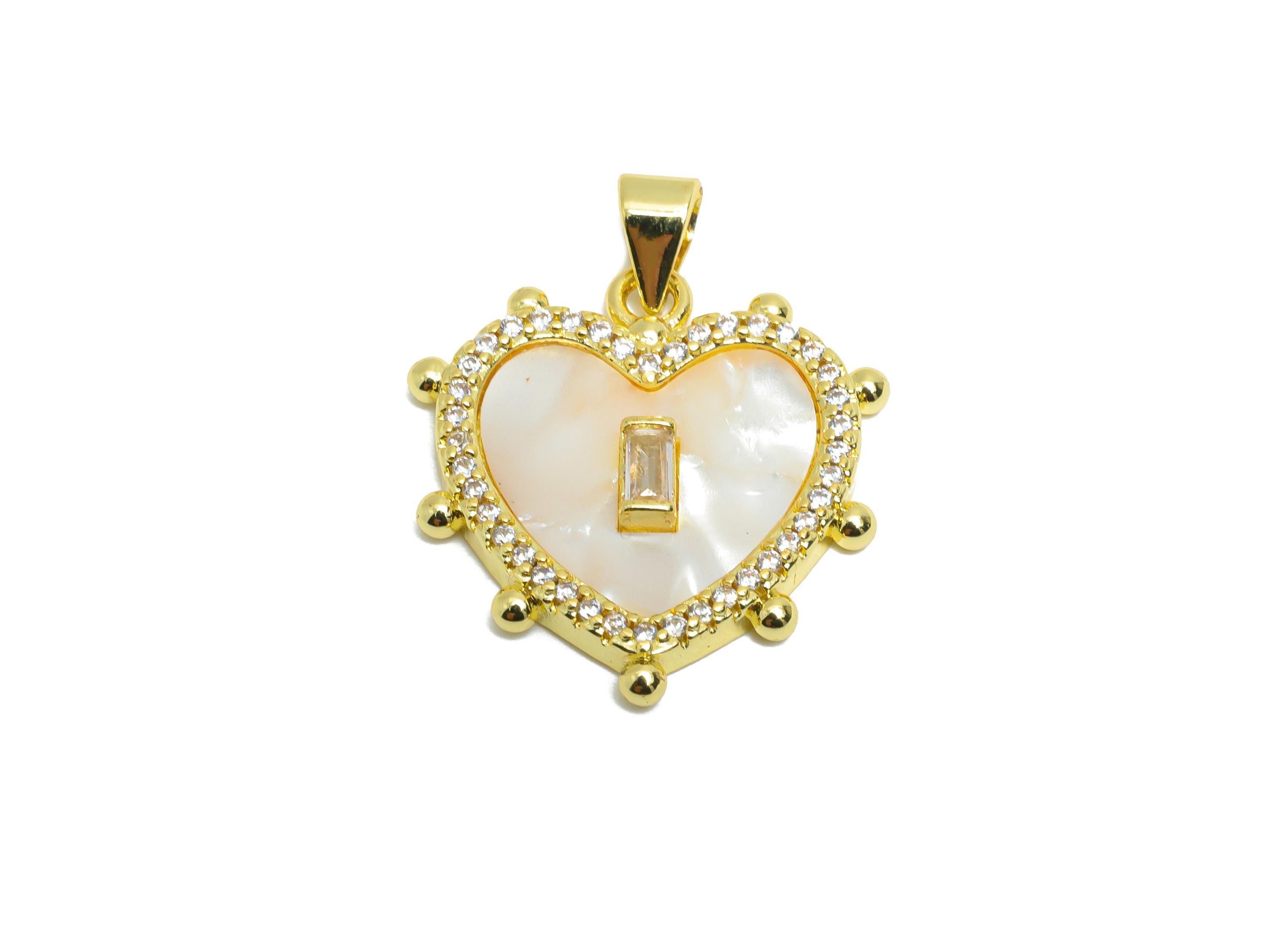 Vintage Heart Shell Pendant - Brass Rectangle CZ Jewelry - DIY Handmade Cubic Zircon Pendant - 18K Real Gold Plated - 22x22x3.24mm - RGP9714 - DOMEDBAZAAR