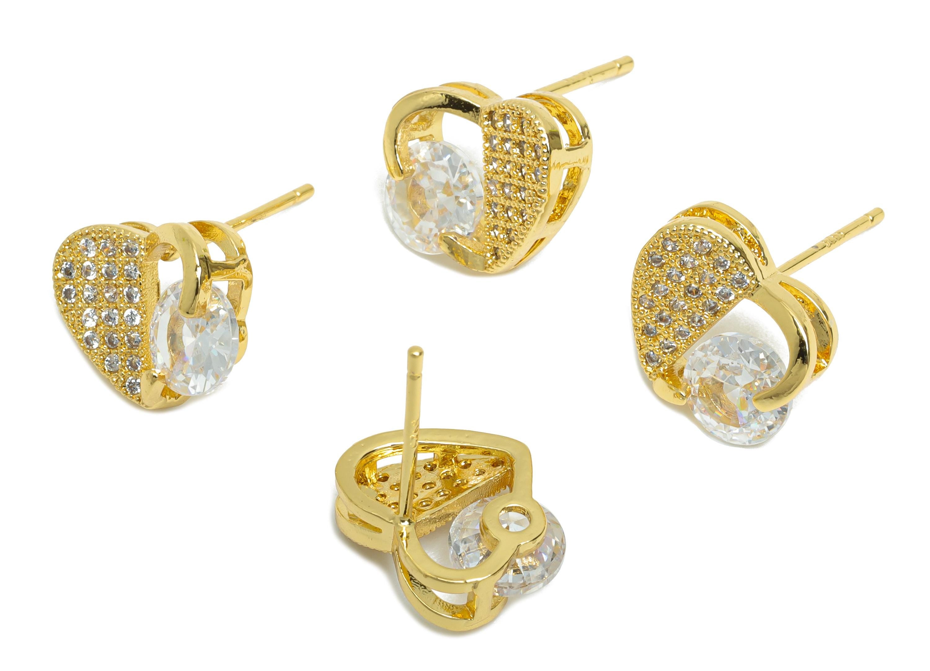 Brass CZ Heart Stud Earring - Gold Inlay Zircon Heart Earring Stud - Sparking Jewelry for Gift- 18K Gold Plated - 9.73x11.96x0.76mm -RGP9616 - DOMEDBAZAAR