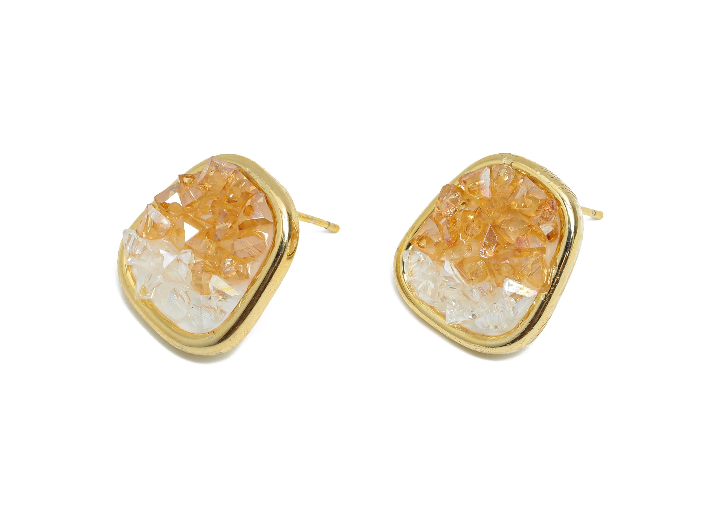 Sparkling Resin Gold Stud - Brass Dainty Irregular Earring - Modern Geometry Earring Post -18K Real Gold Plated -17.26x15.39x0.75mm -RGP9587 - DOMEDBAZAAR