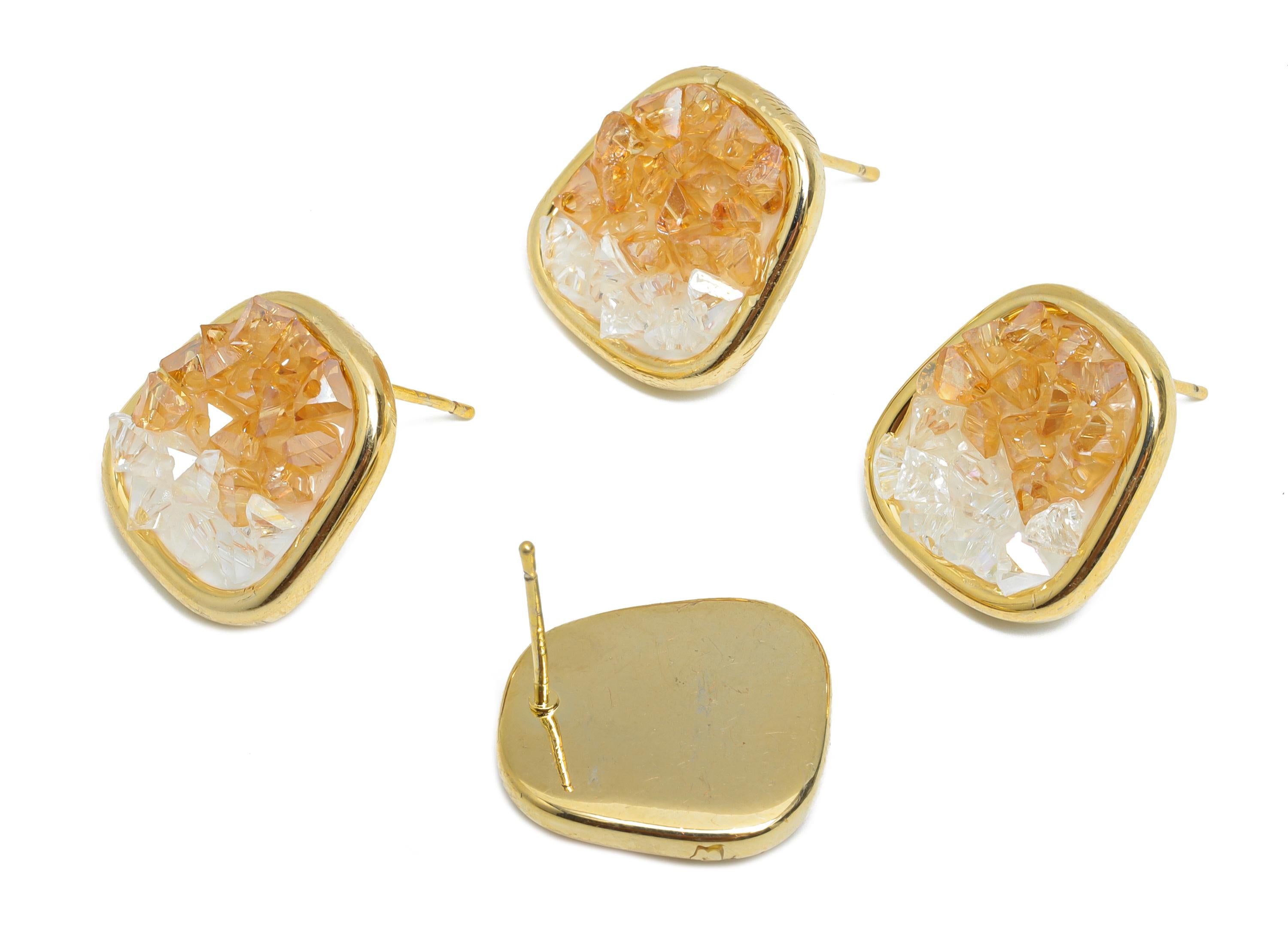 Sparkling Resin Gold Stud - Brass Dainty Irregular Earring - Modern Geometry Earring Post -18K Real Gold Plated -17.26x15.39x0.75mm -RGP9587 - DOMEDBAZAAR