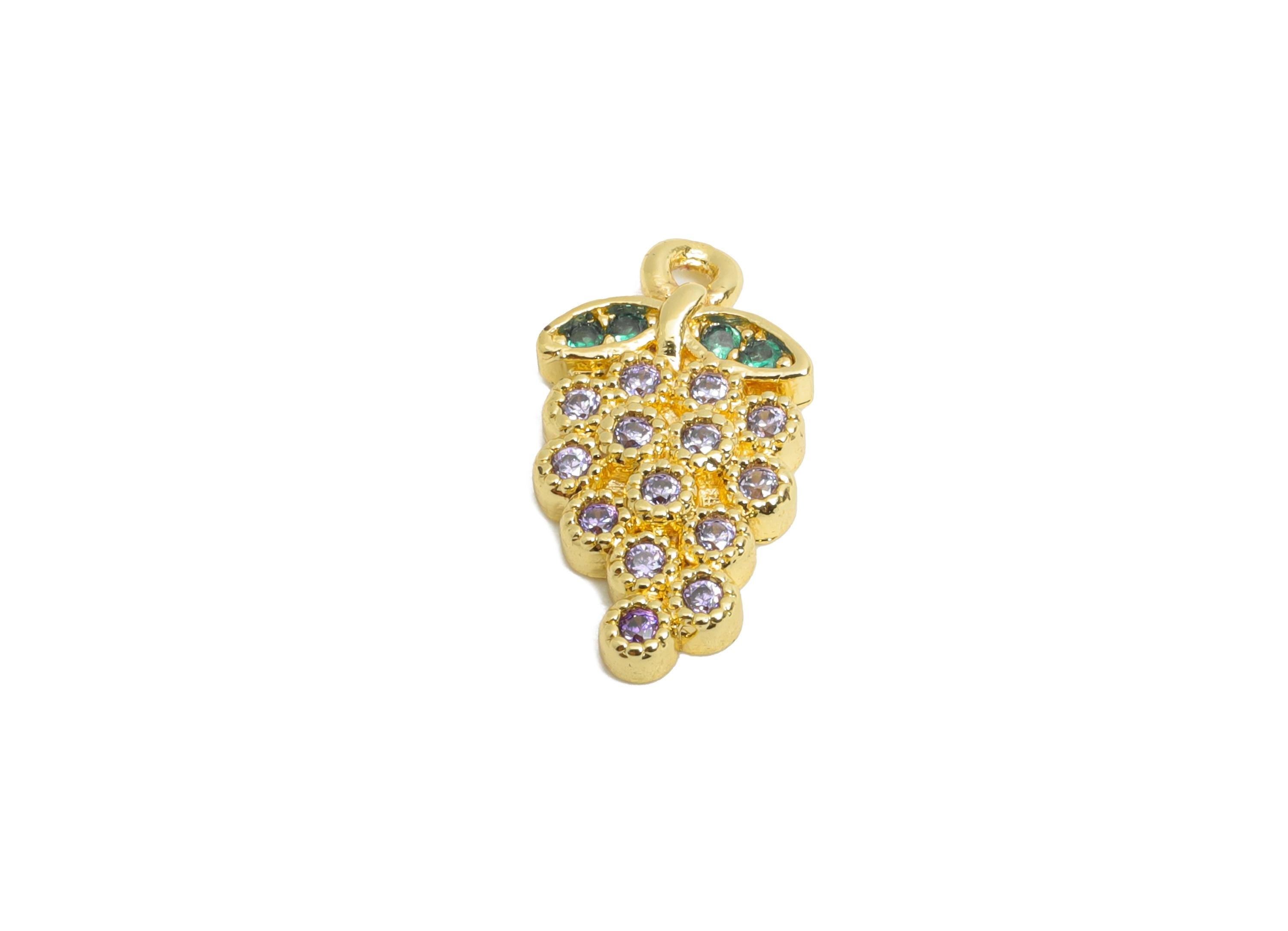 Brass CZ Grape Earring Charm - Gold Fruit Cubic Zircon Charm - Bunch of Grapes - 18K Real Gold Plated - 13x7x2.03mm - RGP9729 - DOMEDBAZAAR