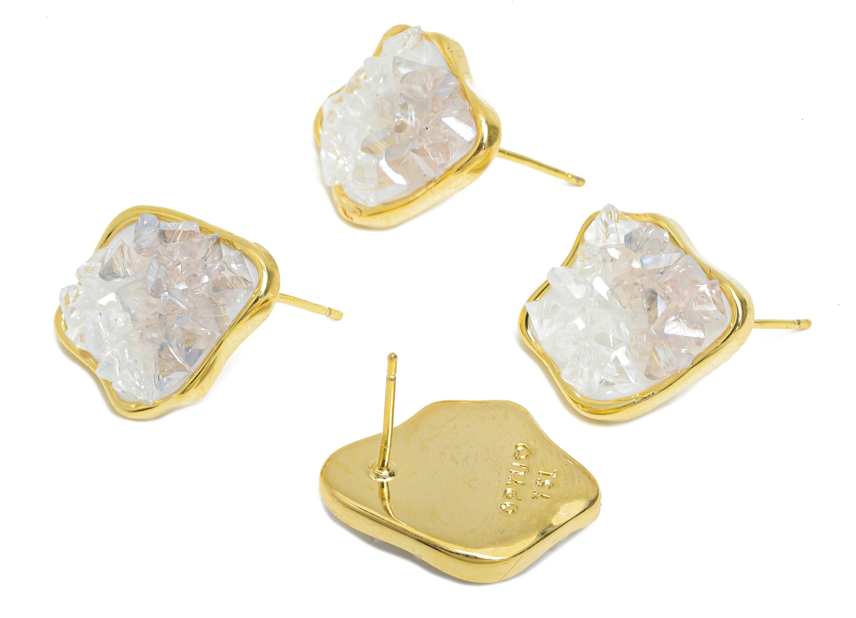 Sparkling Resin Gold Stud - Brass Dainty Irregular Earring - Modern Geometry Earring Post -18K Real Gold Plated -19.09x14.75x0.7mm -RGP9586 - DOMEDBAZAAR