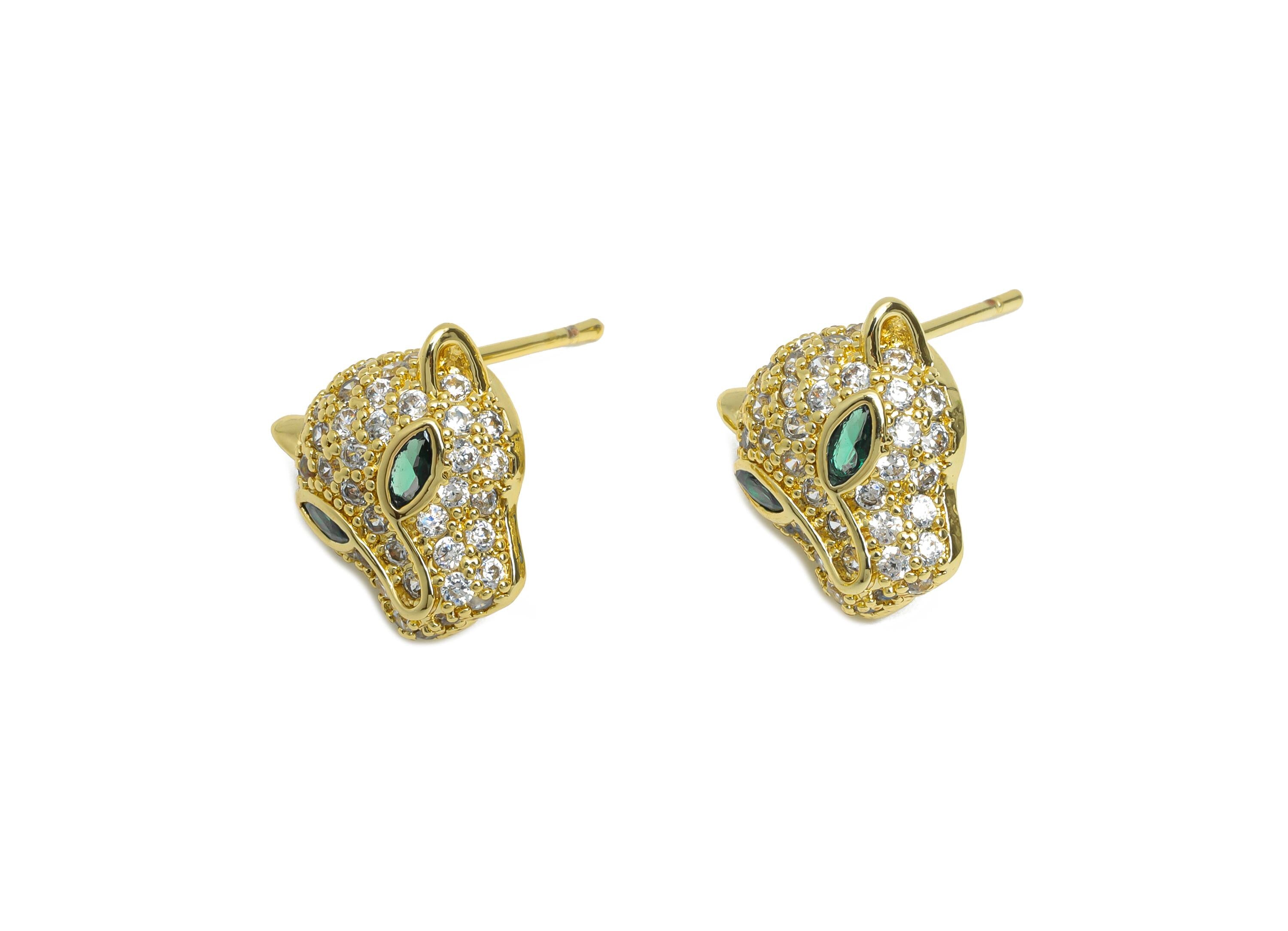 Brass CZ Leopard Post Earring - Gold Zircon Leopard Head Earring Stud - Sparking Jewelry for Gift - 18K Gold Plated - 12.7x12x6.2mm -RGP9557 - DOMEDBAZAAR